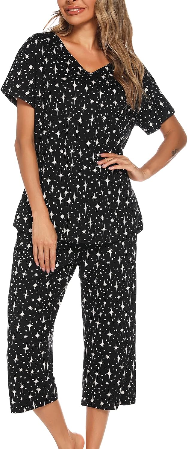ENJOYNIGHT Womens Pajama Set Cotton Summer Pj Top with Capri Pant Sleepwear