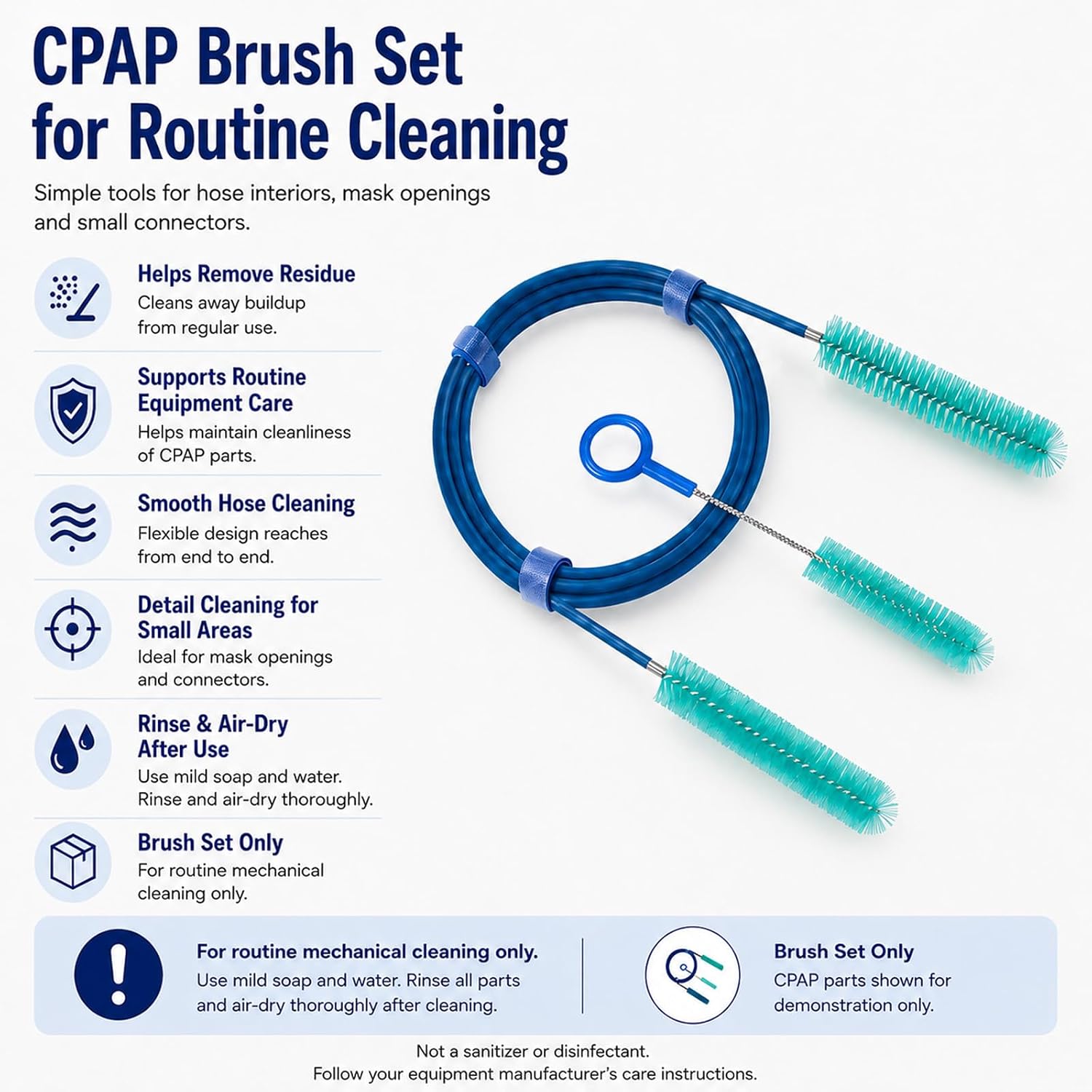 CPAP Cleaning Brush Set, 78.7 in Dual-Ended CPAP Hose Brush for 22 mm & 15 mm Tubing, Tube Cleaning Brush & Hose Cleaner Brush with Detail Brush for Mask
