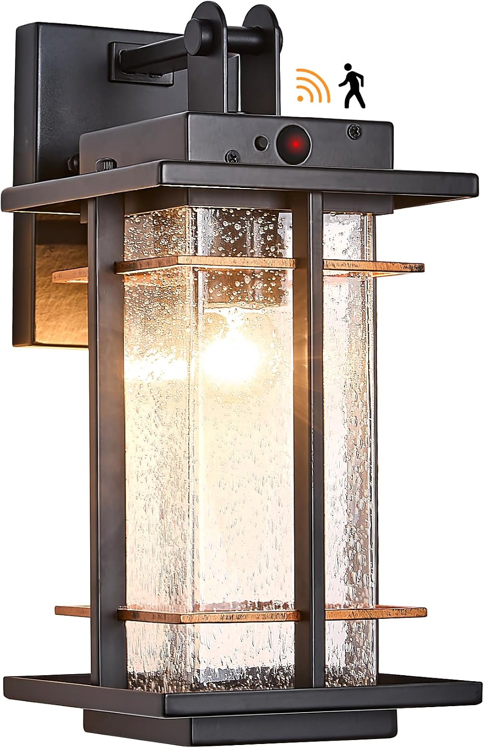 Rustic Dusk to Dawn Outdoor Wall Light Fixture 13.8"H Waterproof Exterior Wall Sconces Black Metal with Seeded Glass Sensor Outdoor Wall Lantern for