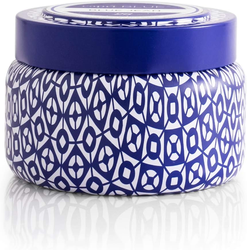 Capri Blue Volcano Printed Travel Tin Jar Candle - Luxury Candle with a Long Lasting Soy Wax Blend - Scented with Tropical & Fruity Fragrance (Blue Color, 8.5 oz)