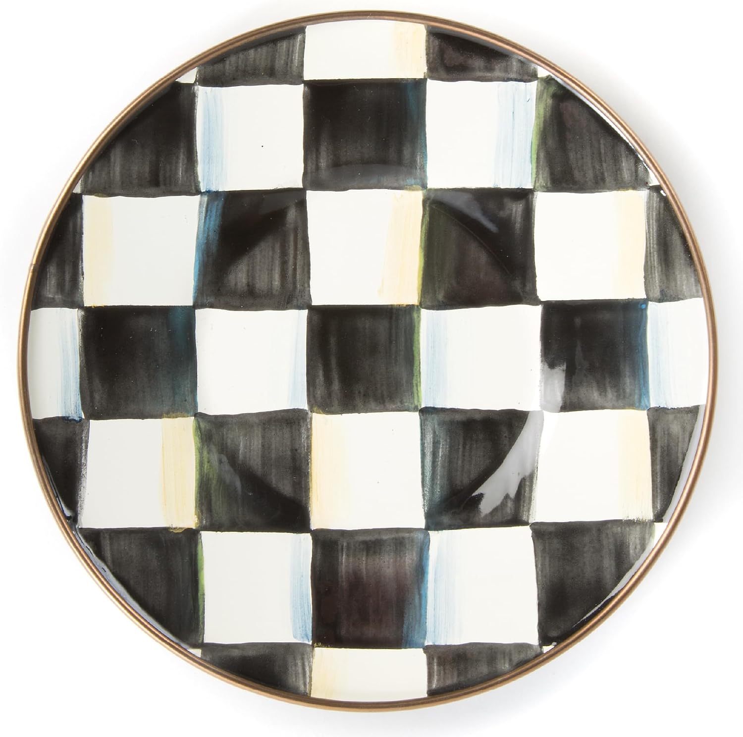 MACKENZIE-CHILDS Enamel Saucer, Black-and-White Courtly Check | Hand-painted design, made from enameled steel, small plate for a coffee cup or teacup, 6" dia.