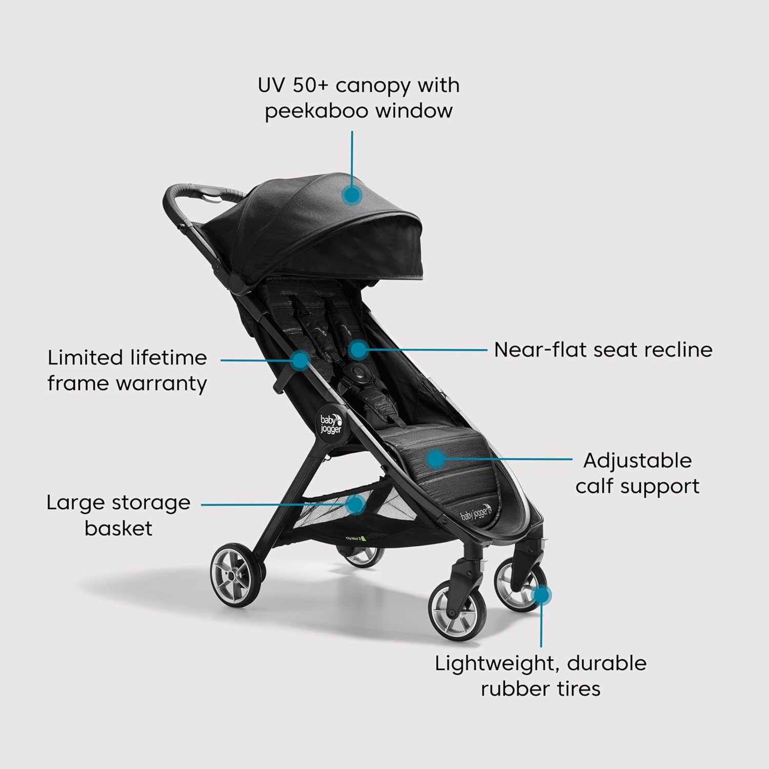 Baby Jogger® City Tour 2 Carry-On Approved Travel Stroller, Ultra-Compact Baby Stroller, Lightweight, Easy Fold, Baby Travel Essential, Pitch Black