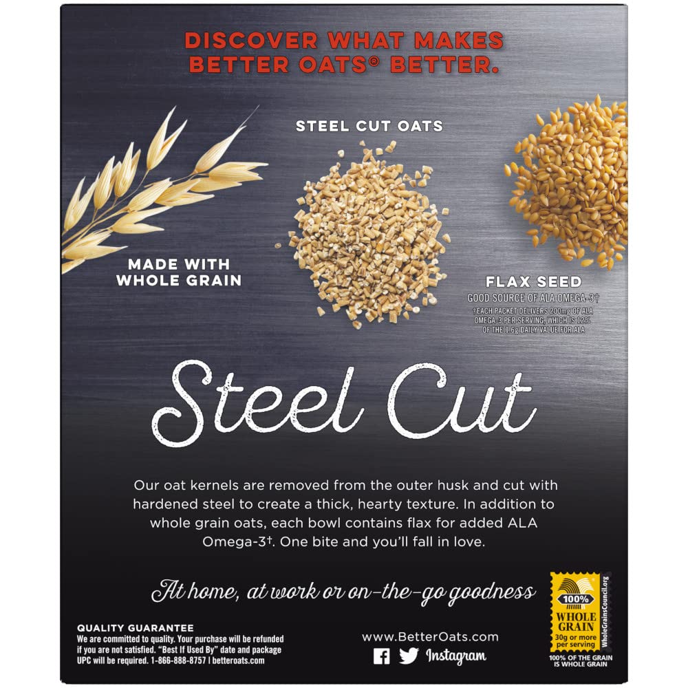 Better Oats Steel Cut Maple & Brown Sugar Oatmeal, 15.1 oz Box, 6 Pack | Instant Breakfast With Flax Seeds & Natural Flavors, Good Source Of ALA Omega-3, Individual Packets, Heart Healthy