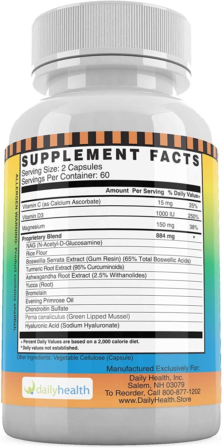 Daily Health, Flexprotex D 884mg Joint Muscle Support 120 Capsules Natural Herbal Turmeric Chondroitin Glucosamine Yucca Boswellia Hyaluronic Acid Ashwagandha D3 Magnesium (1 Month Supply)