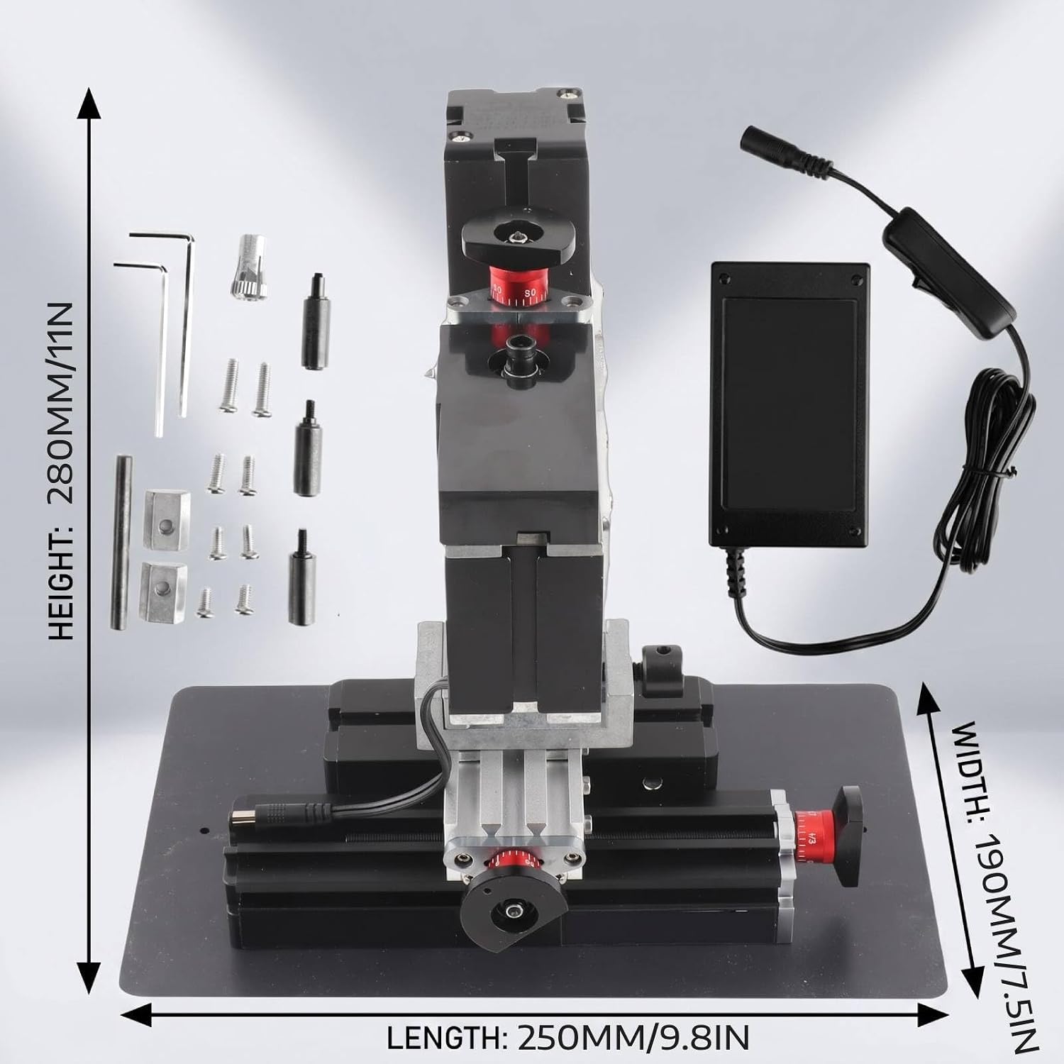 60W Mini Milling Machine, 12000RPM DIY Soft Metal Processing Woodworking Lathe, Multifunction Worktable Power Miller, 12VDC, 310x190x280mm