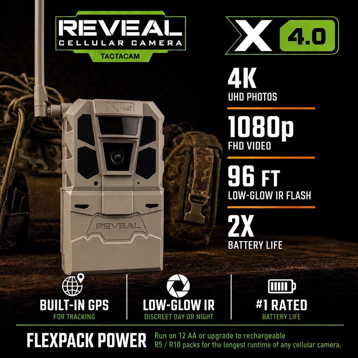 TACTACAM Reveal X 4.0 Cellular Trail Camera + FlexPack R5 + Solar R5 (2PK) | Power Bundle – Night Vision, Waterproof, 4K Photo, 1080p Video