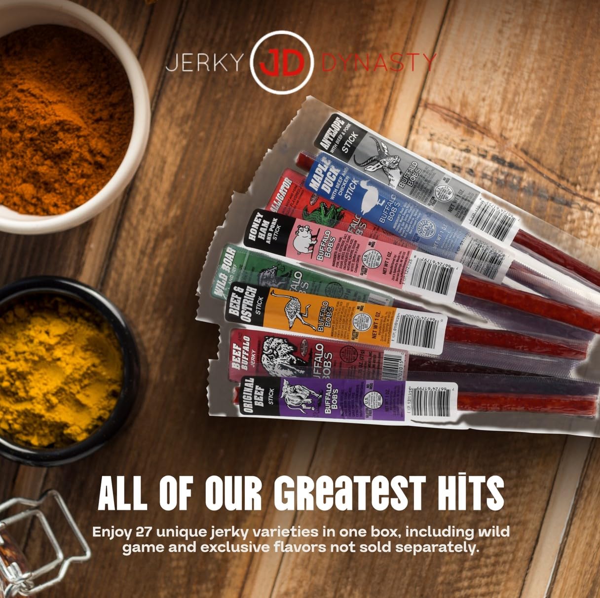 Jerky Dynasty The Ultimate 27-Piece Exotic Jerky Gift Set - Buffalo Bob's Wild Game Jerky Variety Pack - Exclusive Flavors & Protein Snack