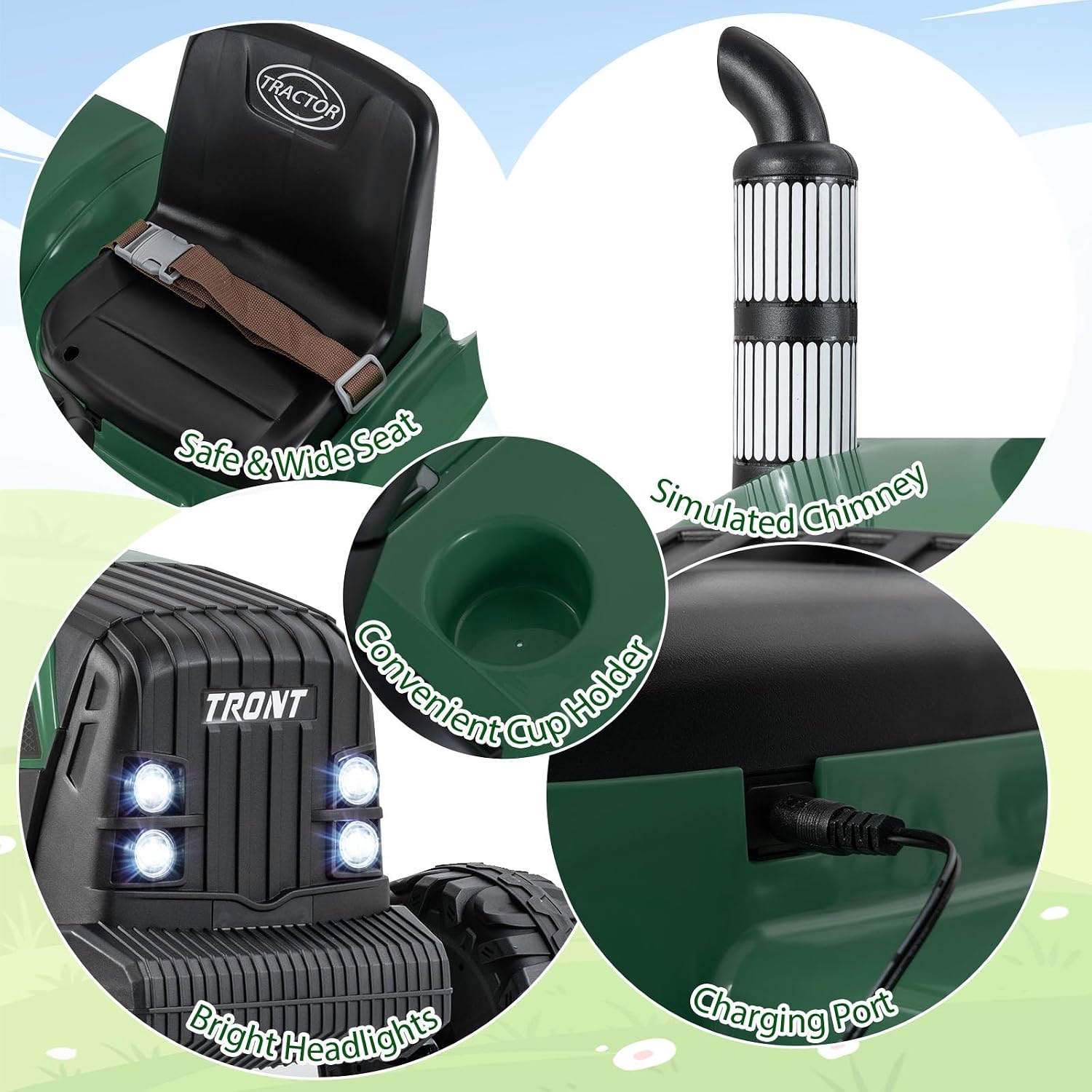 Costzon Ride on Tractor with Detachable Trailer, Kids' Electric Vehicles w/3-Gear-Shift Ground Loader, Wireless Design & USB, 7 LED Headlights