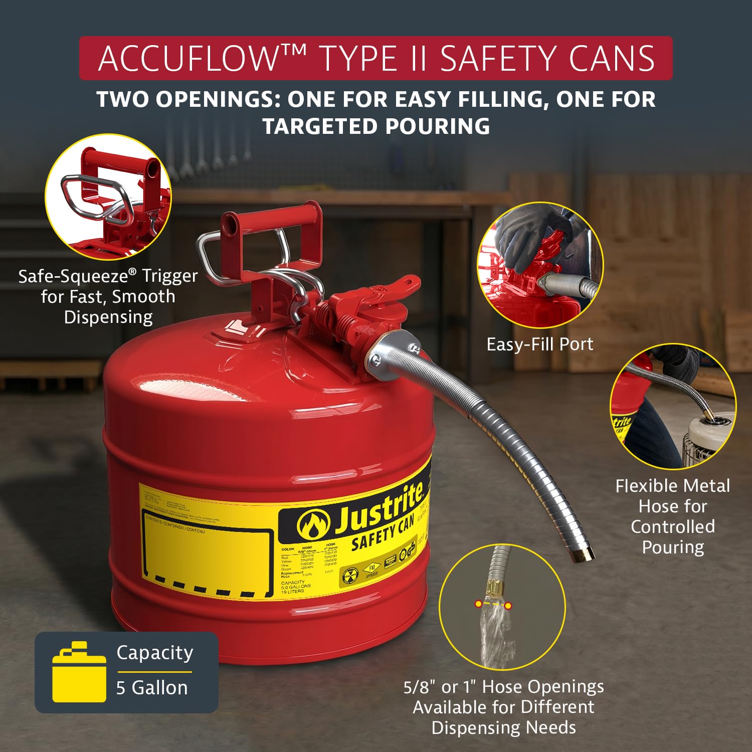 Justrite Type II Gasoline Safety Can, Red Galvanized Steel, FM Approved | Flammable Liquid Storage Can with Controlled Pouring, 5 Gallon Capacity