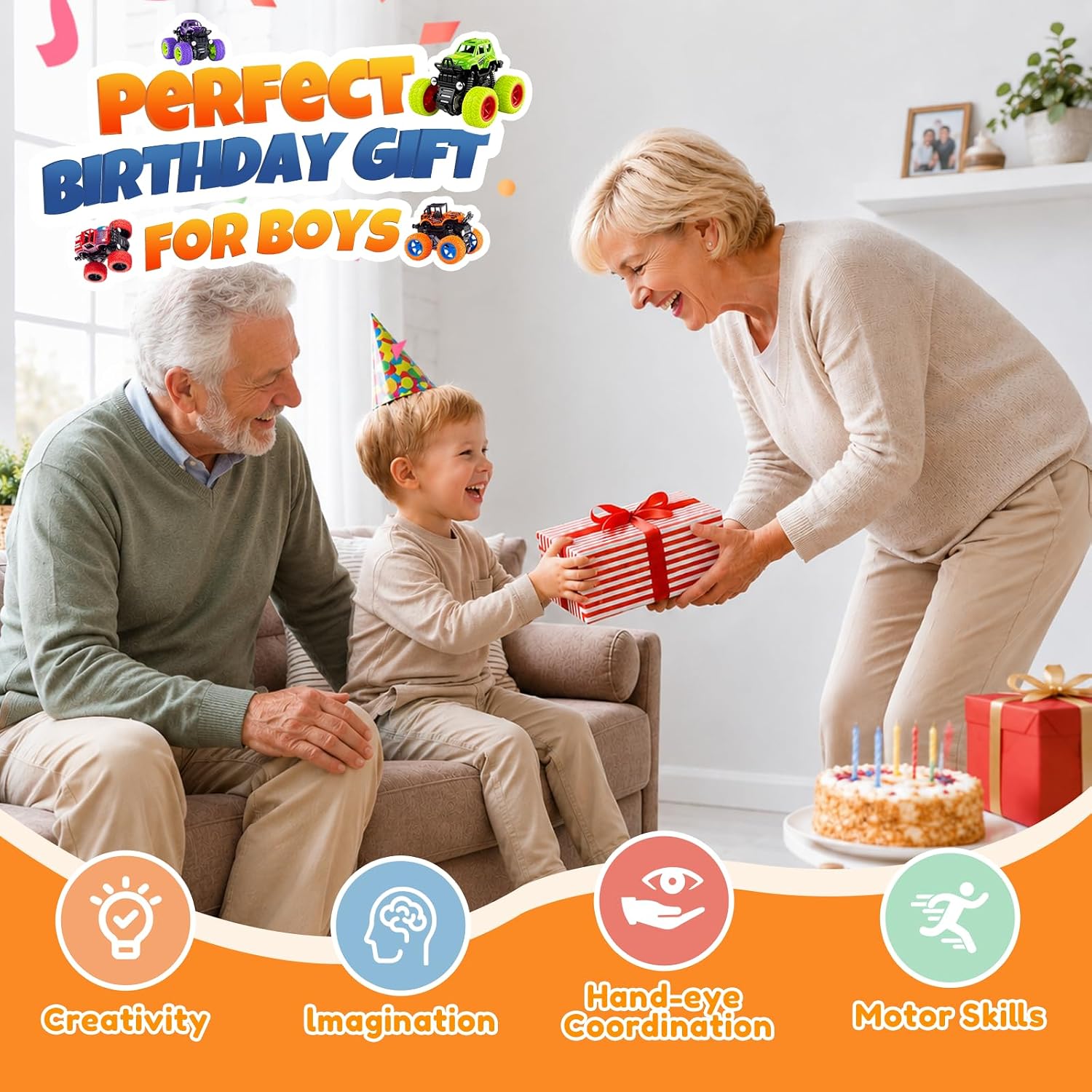4 Pack Monster Trucks Toys for Boys 2 3 4 5 6 7 Year Old, Friction Powered Pull Back Car Toys for Toddlers Kids Ages 3-5 2-4 4-7