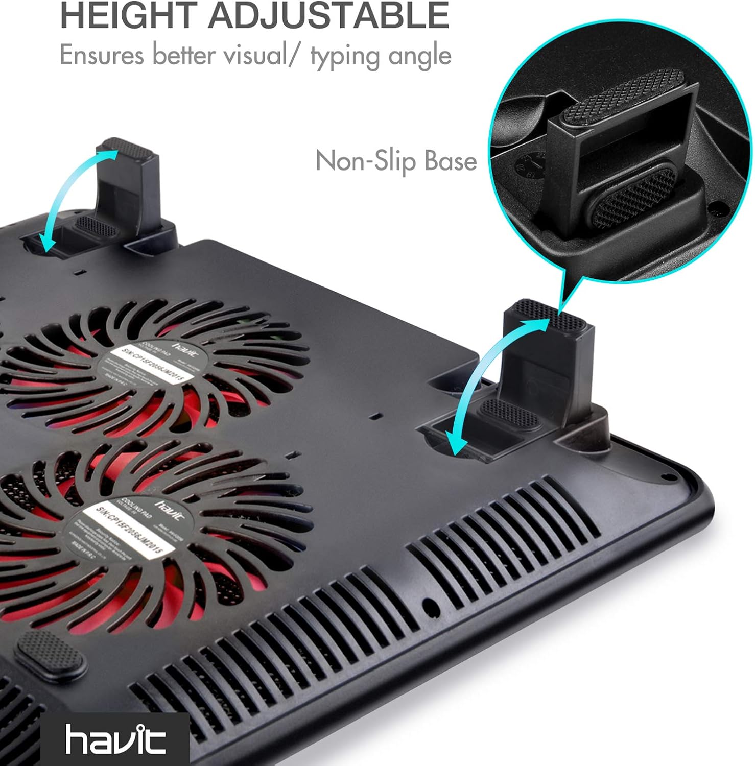 havit HV-F2056 15.6"-17" Laptop Cooler Cooling Pad - Slim Portable USB Powered (3 Fans), Black/Blue | Three quiet USB-powered fans circulate air below the laptop, two height settings improve viewing and typing comfort