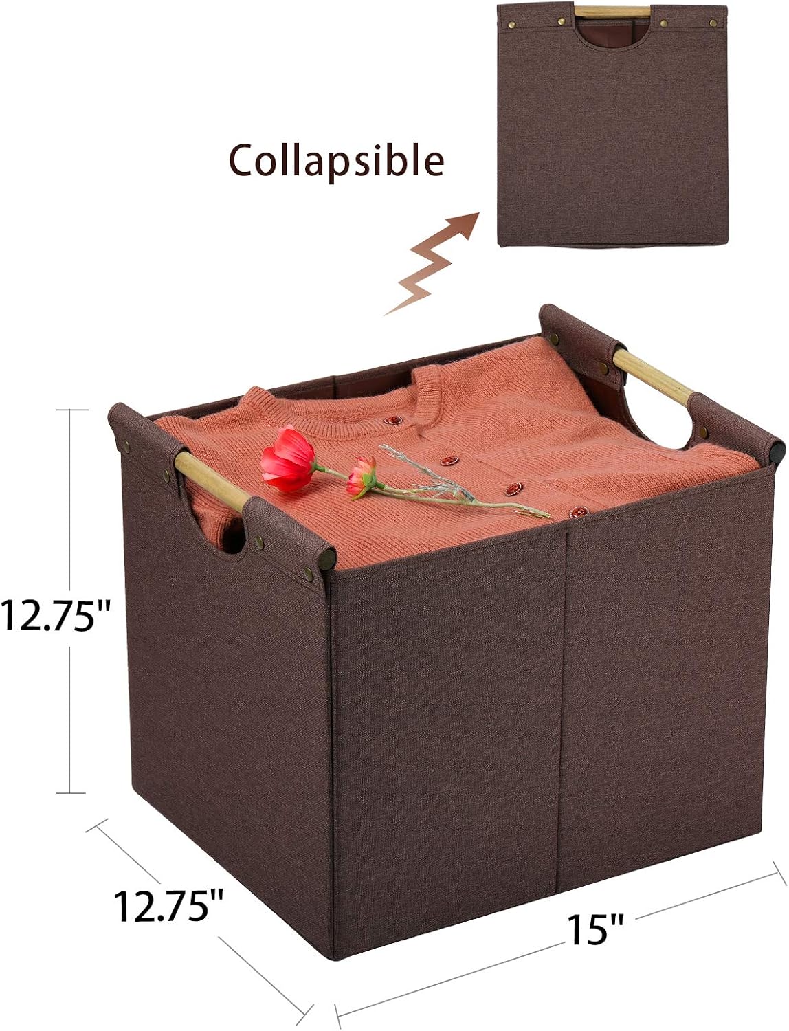 HOONEX Large Collapsible Storage Bins, Linen Fabric, 2 Pack, Storage Baskets with Wooden Carry Handles and Sturdy Heavy Cardboard, for Home, Office
