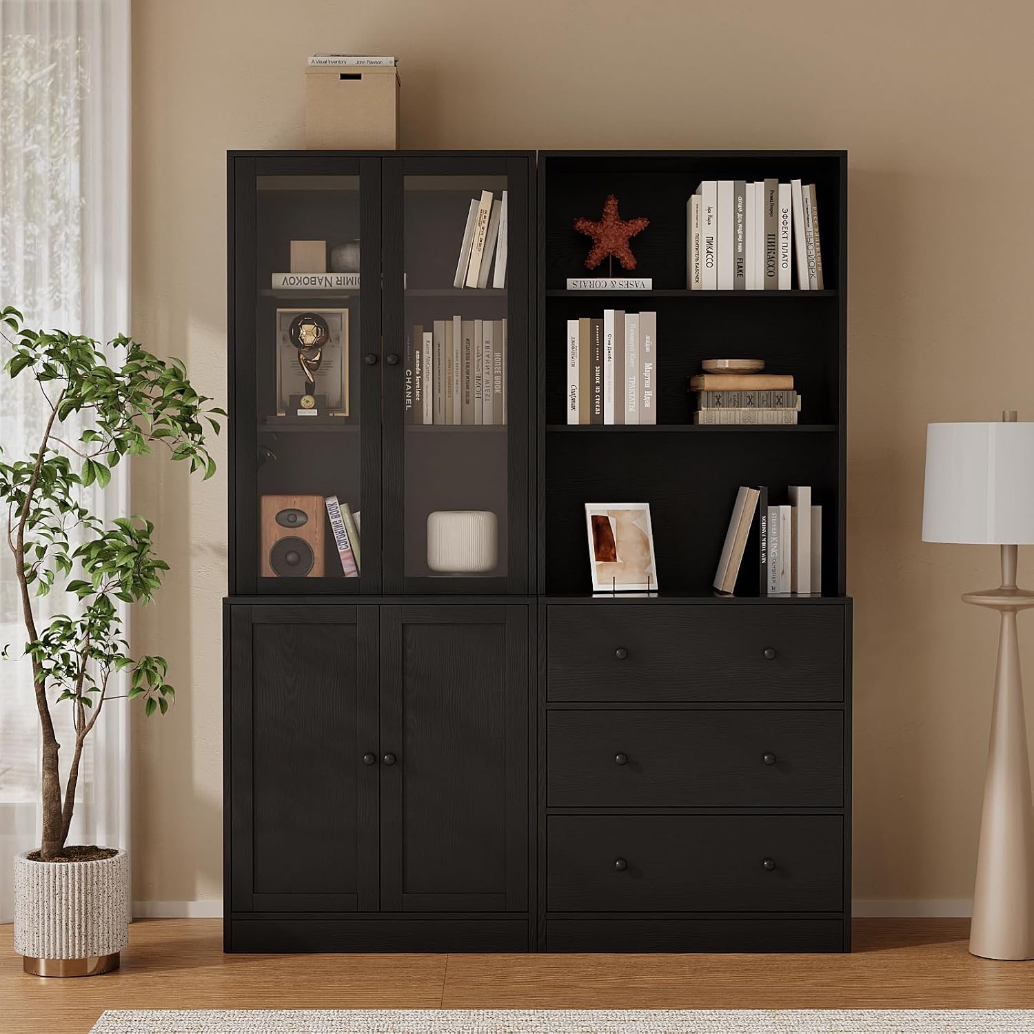 TUSY 71" H Bookcase with Storage | 6-Tier Modern Bookshelf with Drawers, Display Bookcase with Glass Doors, White Curio Cabinet for Home Office, Living Room