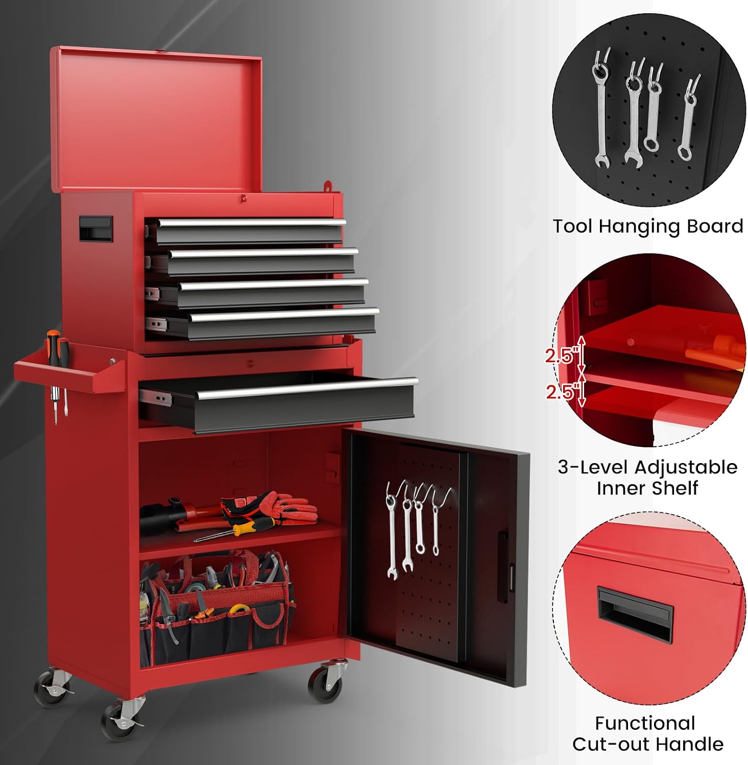 Goplus Rolling Tool Chest, 5-Drawer Tool Box Organizer w/Lockable Wheels & Sliding Drawers & Detachable Top & Adjustable Shelf