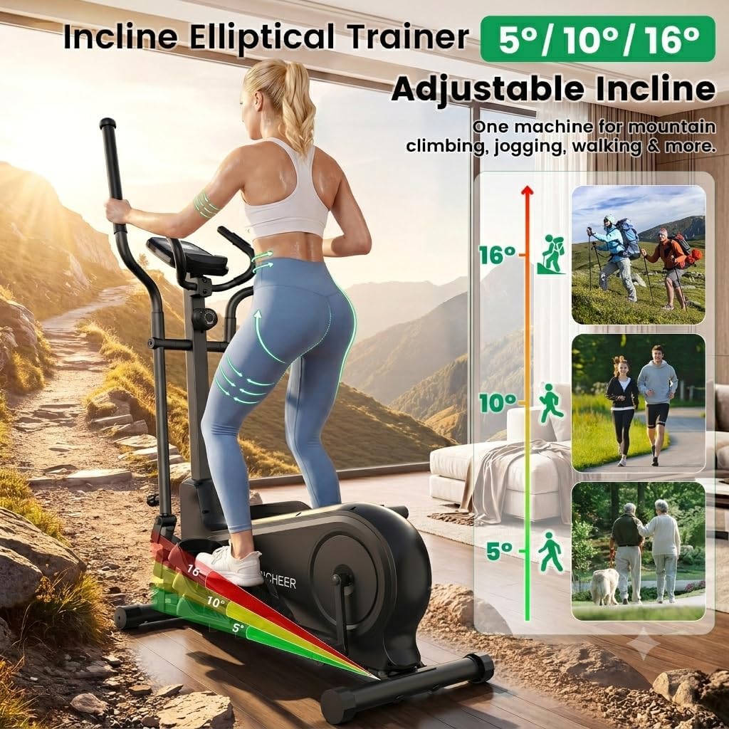 ANCHEER Elliptical Exercise Machine for Home, Foldable Magnetic Elliptical Trainer with 16" Stride, 16 Resistance Levels, Adjustable Pedals, LCD Monitor & Pulse Sensor, 550 LBS Weight Capacity