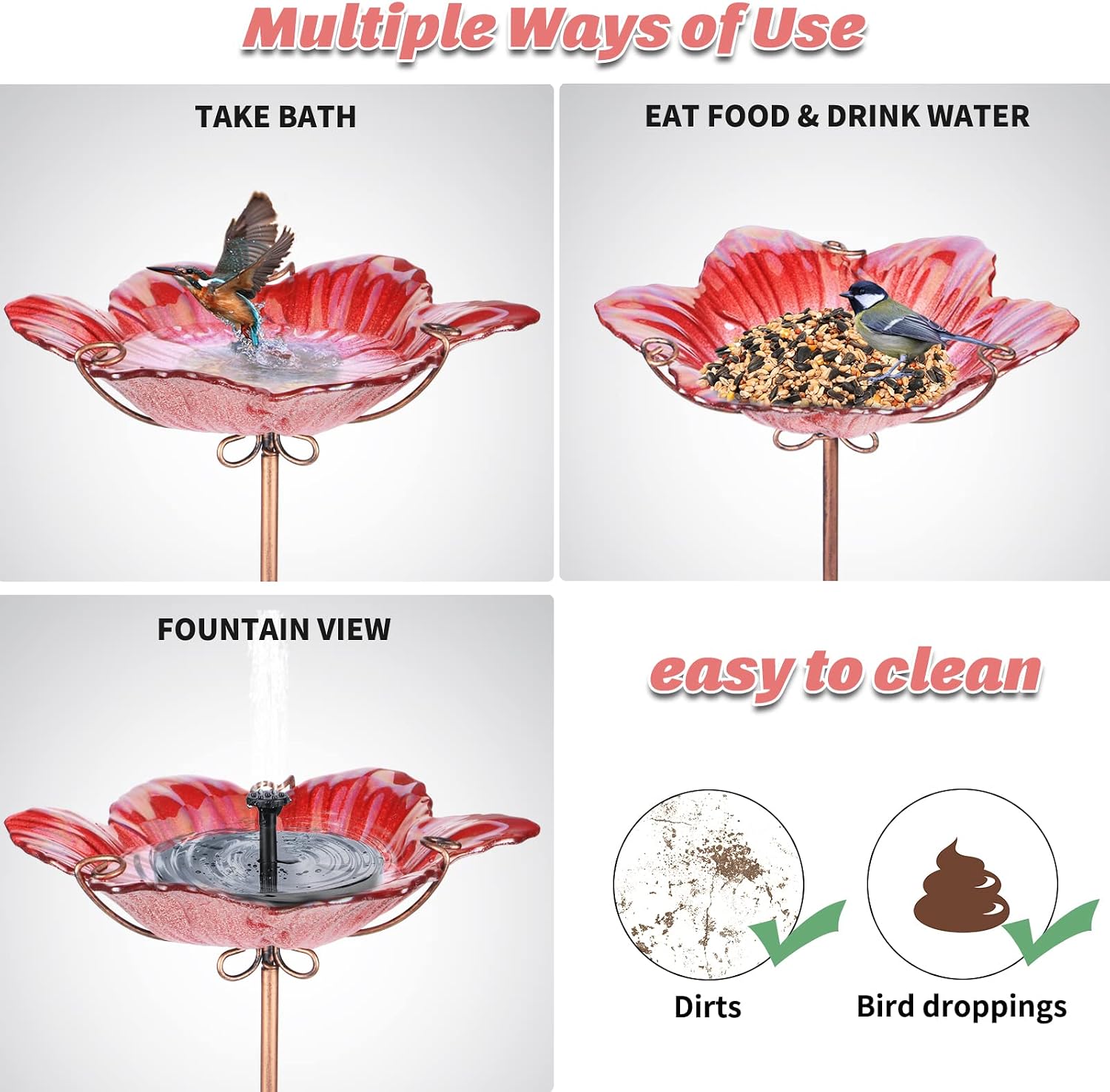MUMTOP Glass Bird Bath Outdoor Birdfeeder Blue Flower Bowl with Metal Stake