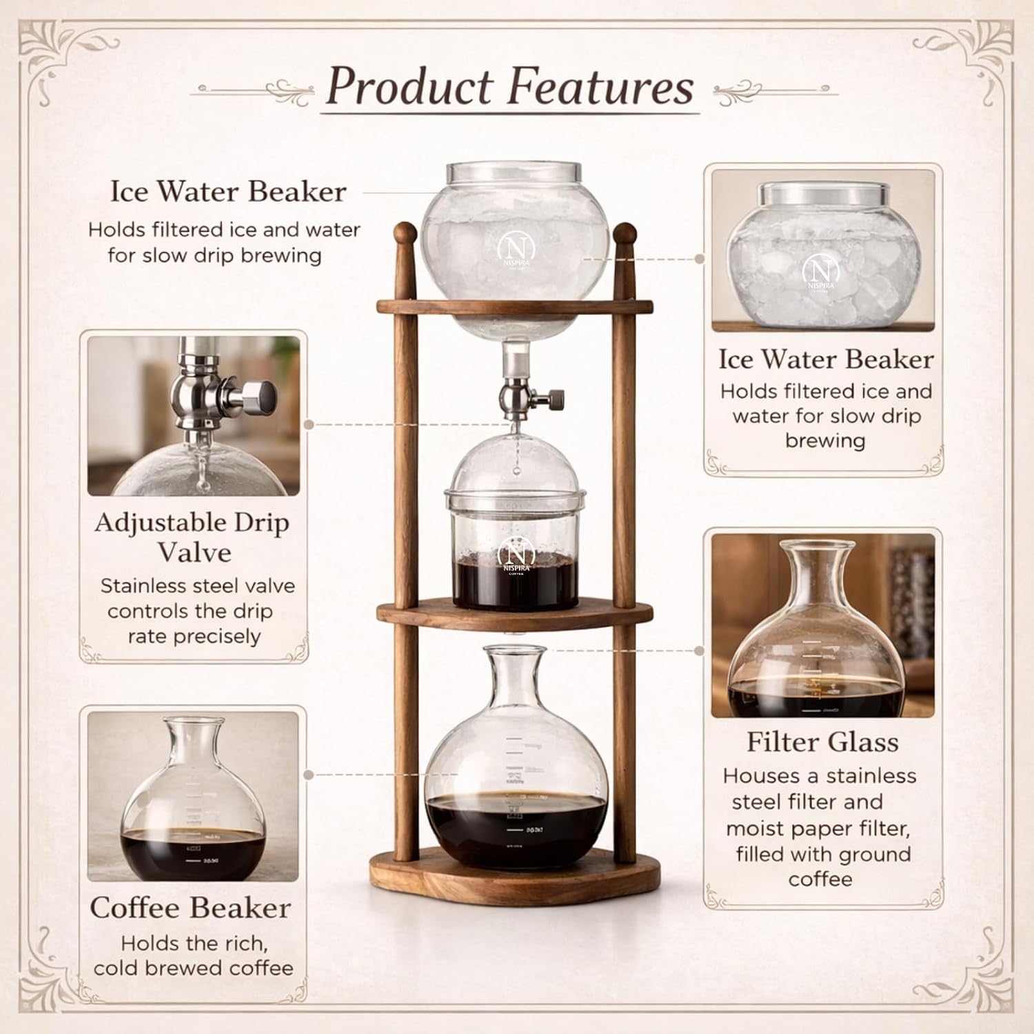 Nispira Iced Coffee Cold Brew Drip Tower Coffee Maker, 6–8 Cup Manual Cold Brew Brewer with Adjustable Valve, Wooden Frame & Glassware, Slow Cold Extraction System