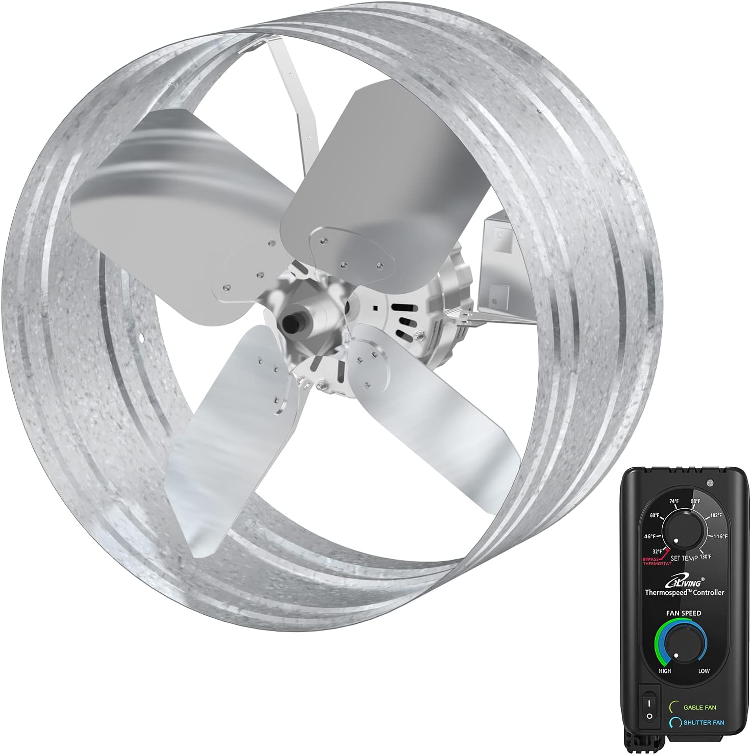 iLiving ILG8G14-12T Automatic Gable Mount Attic Ventilator Fan with Adjustable Thermostat, 2.85 Amp, 2339 CFM, Single-Speed | Automatic