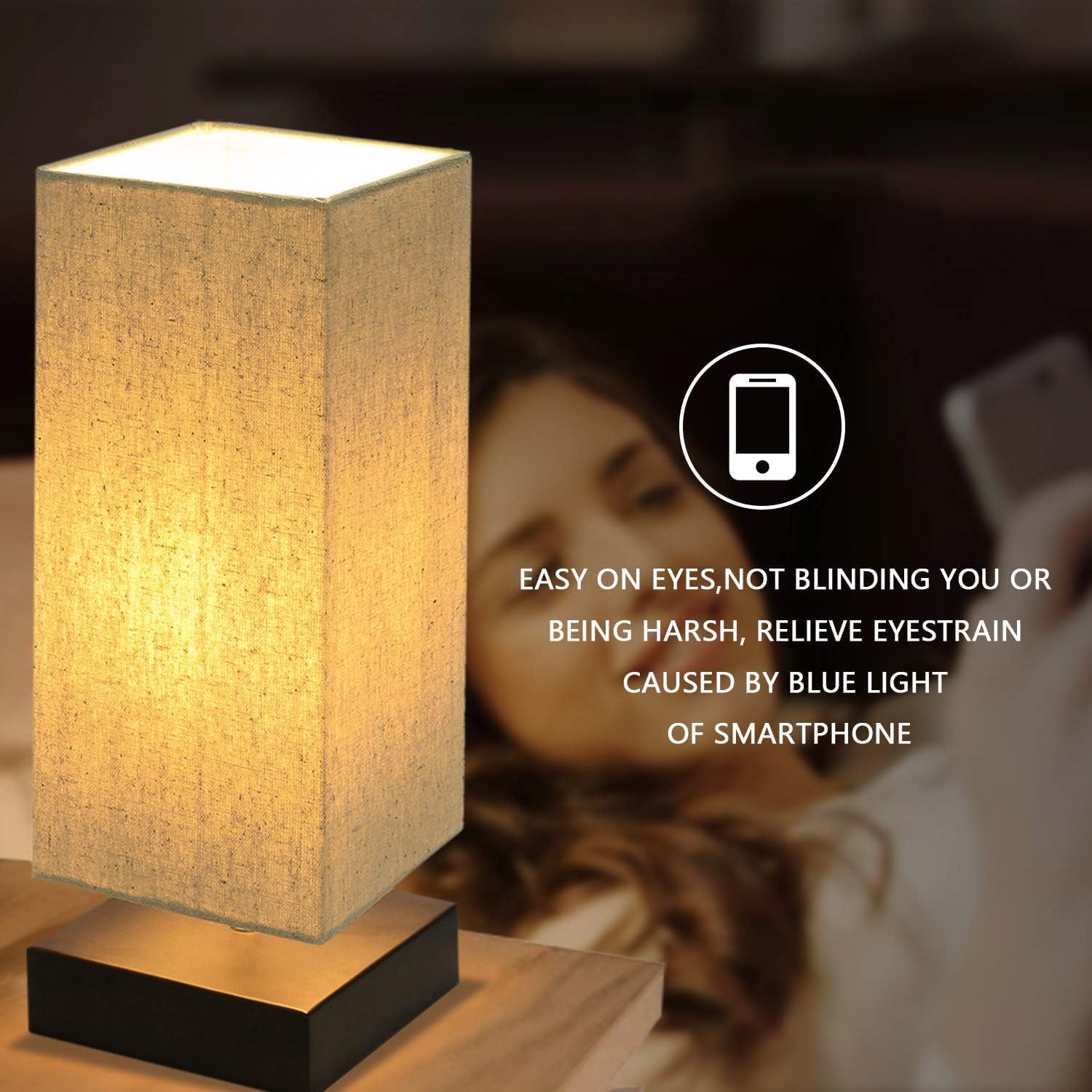 Touch Control Table Lamp Bedside 3 Way Dimmable Touch Desk Lamp Modern Nightstand Lamp with Square Fabric Lamp Shade Simple Night Light for Bedroom