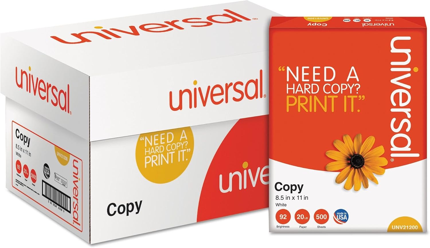Universal 21200 Copy Paper, 92 Brightness, 20lb, 8-1/2 x 11, White (Case of 5000 Sheets)