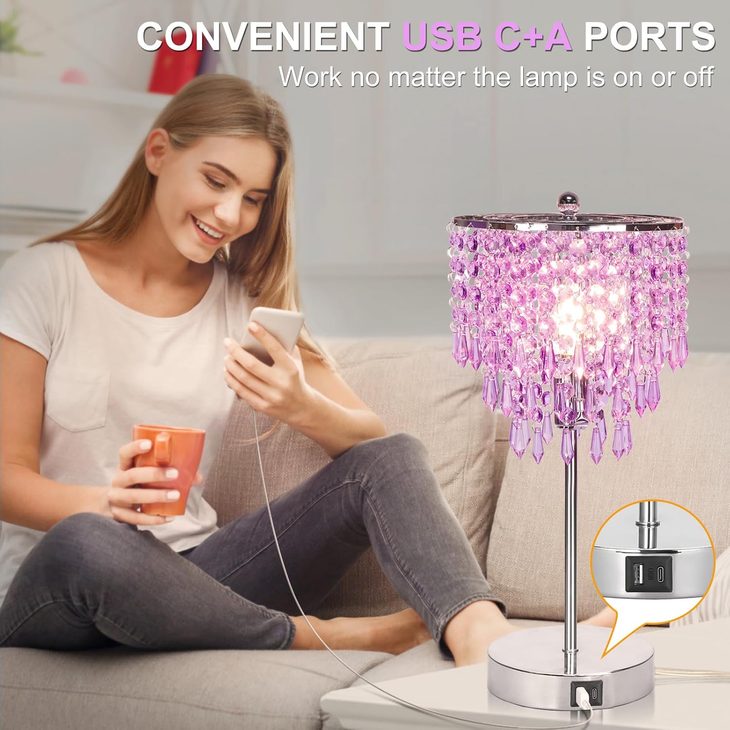 Touch Control Crystal Table Lamp with USB C+A Charging Ports, 3-Way Dimmable Bedside Touch Lamp Decorative Nightstand Lamp with Elegant Lampshade for Living Room Bedroom, B11 LED Bulb Included