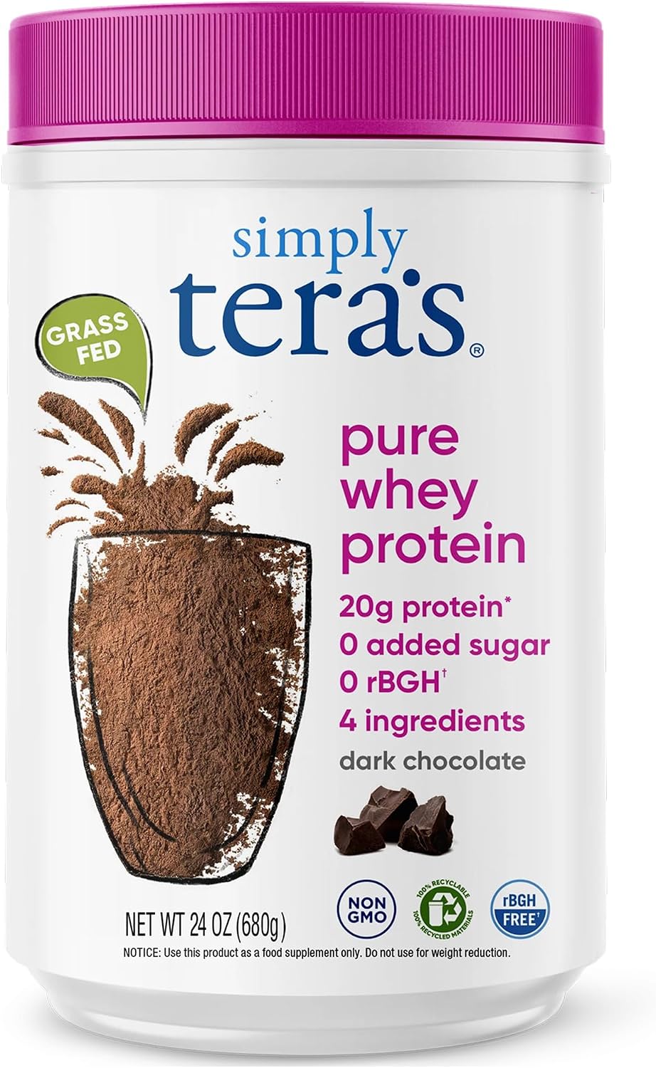 Simply tera's Pure Whey Protein Powder, Dark Chocolate, Clean Label - 12 Oz | Clean Whey Protein Powder, Made Without Artificial Sweeteners, Non-GMO, Kosher, rBGH-Free