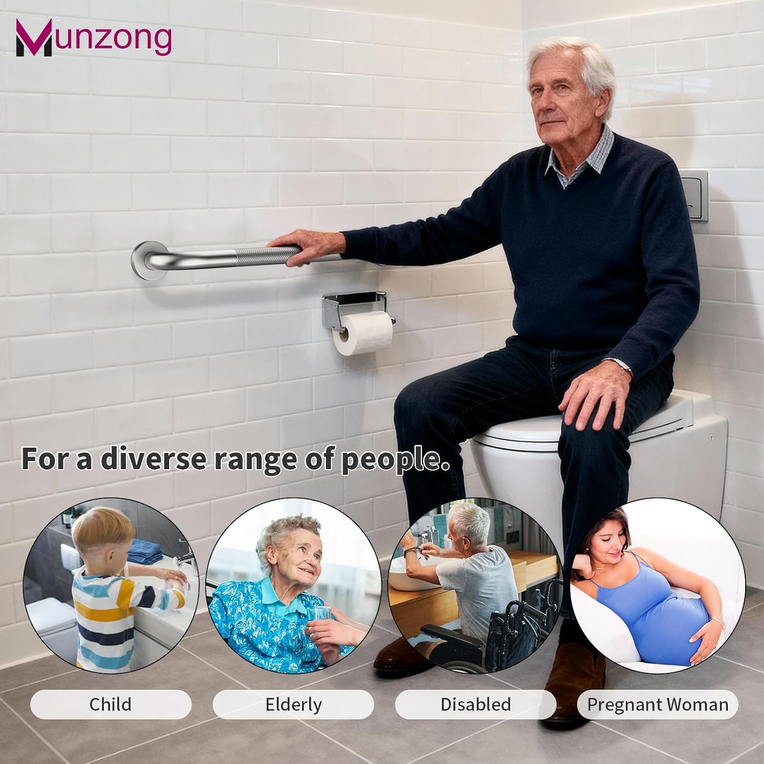 Munzong 3 Pack Commercial Handicap Grab Bars 18" 36" 42" Brushed Nickel | Bathroom Grab Bar for Shower 1.25" Diameter Anti Slip Bathroom Balance Bar Safety Hand Rail for Elderly Injury Senior