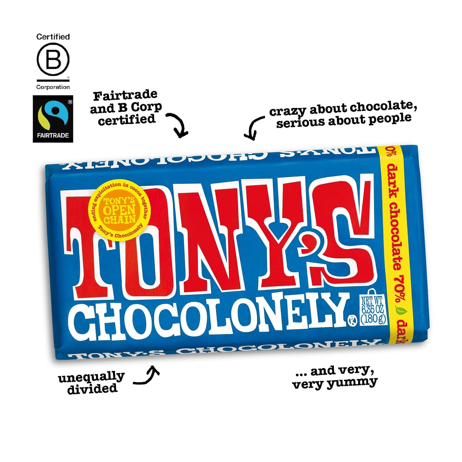 Tony's Chocolonely 42% Dark Milk Chocolate Bar with Pretzel & Toffee - Dark Milk Chocolate, Pretzel & Toffee Chunks, Belgium Chocolate