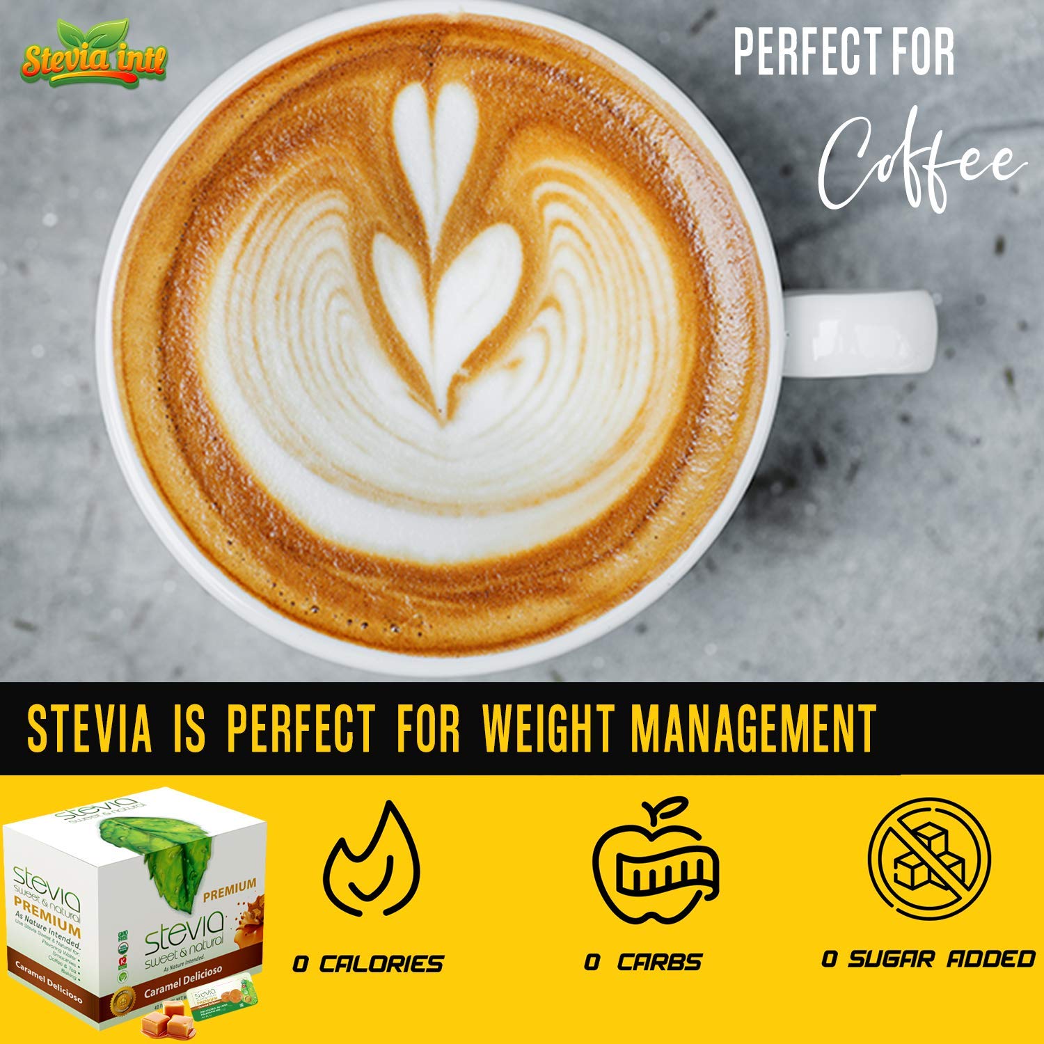Caramel Delicioso Organic Stevia Powder. All-Natural Sweetener, Sugar Substitute Highly Concentrated & Pure Extract Stevia. 0 Calorie
