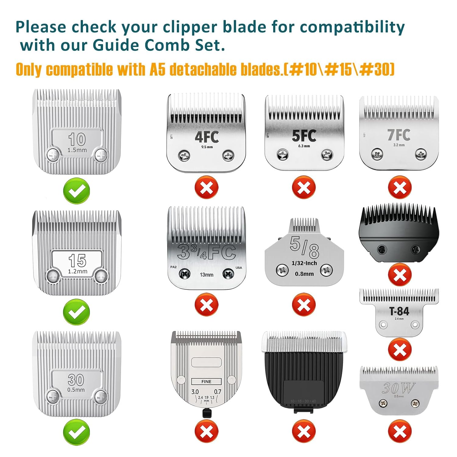 Professional Animal Stainless Steel Comb Set for A5-style Detachable Blade Clippers, Snap-On Size #10/15/30 for Pets, Dogs, Cats