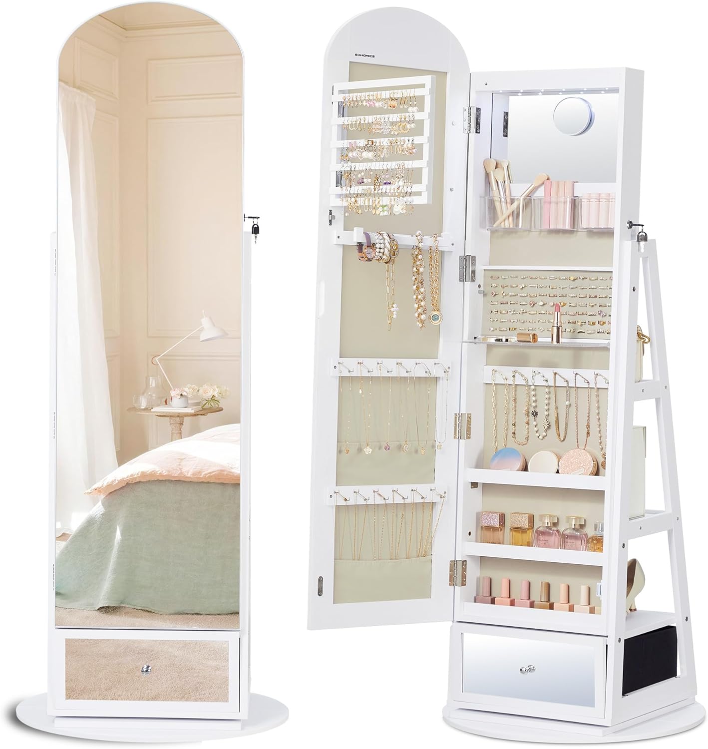 SONGMICS 360° Swivel Jewelry Cabinet, Full-Length Mirror, Lockable