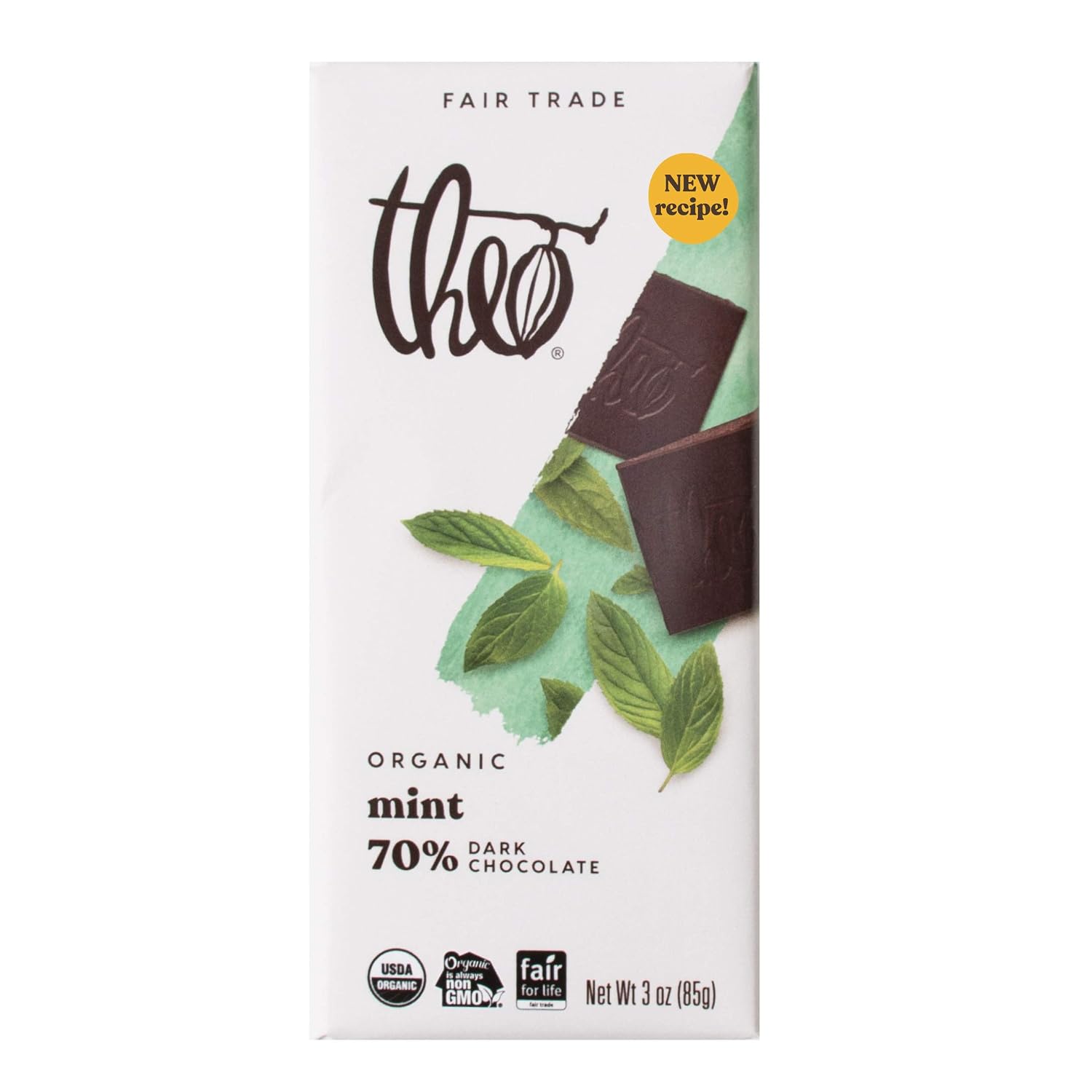 Theo Mint Organic Dark Chocolate Bar, 70% Cacao, 1 Bar | Vegan, Fair Trade