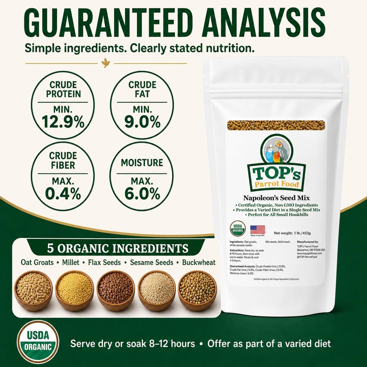 TOP's Napoleon's Seed Mix for All Small Hookbills, Non-GMO, Soy Free, Corn Free, USDA Organic Certified, 1 lb