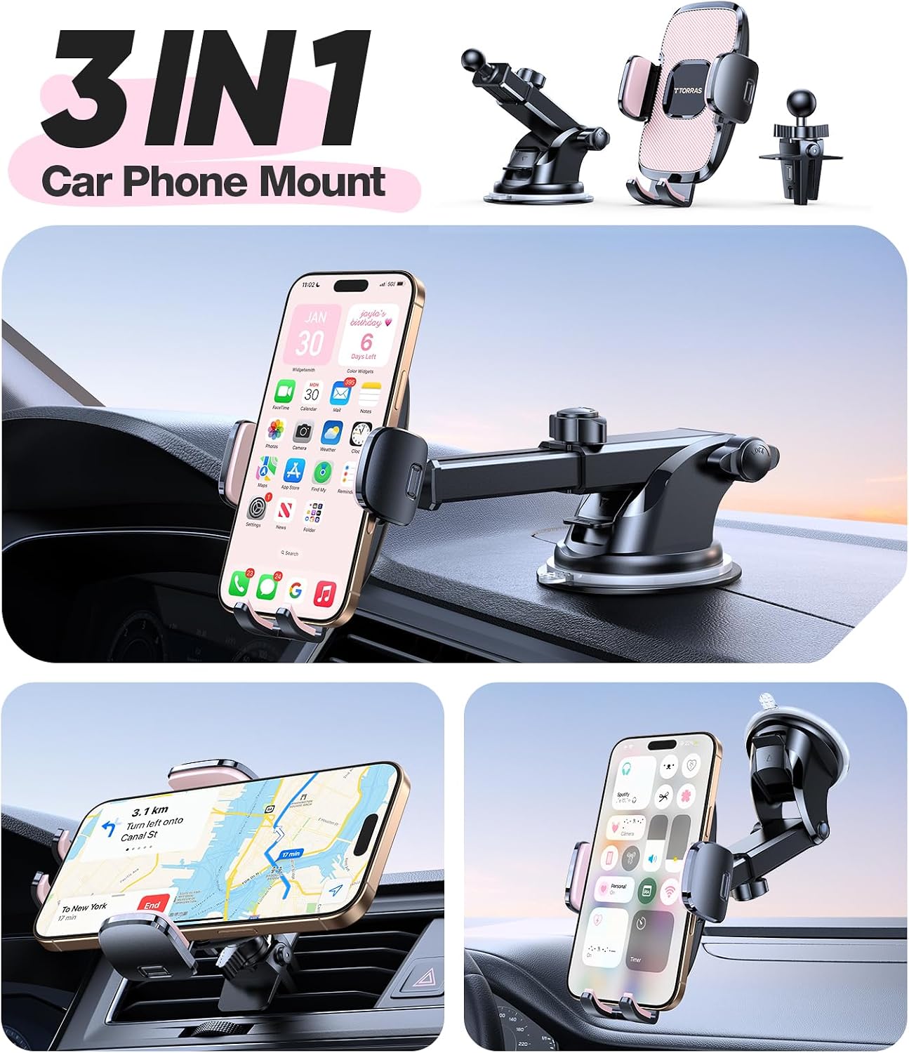 TORRAS Ultra-Durable Phone Holders for Your Car【96+LBS Strongest Suction】 Car Phone Holder Mount, Safety Certs Cell Phone Car Mount Truck for Dashboard Windshield Vent for iPhone 17 16 15 14 Pro Max