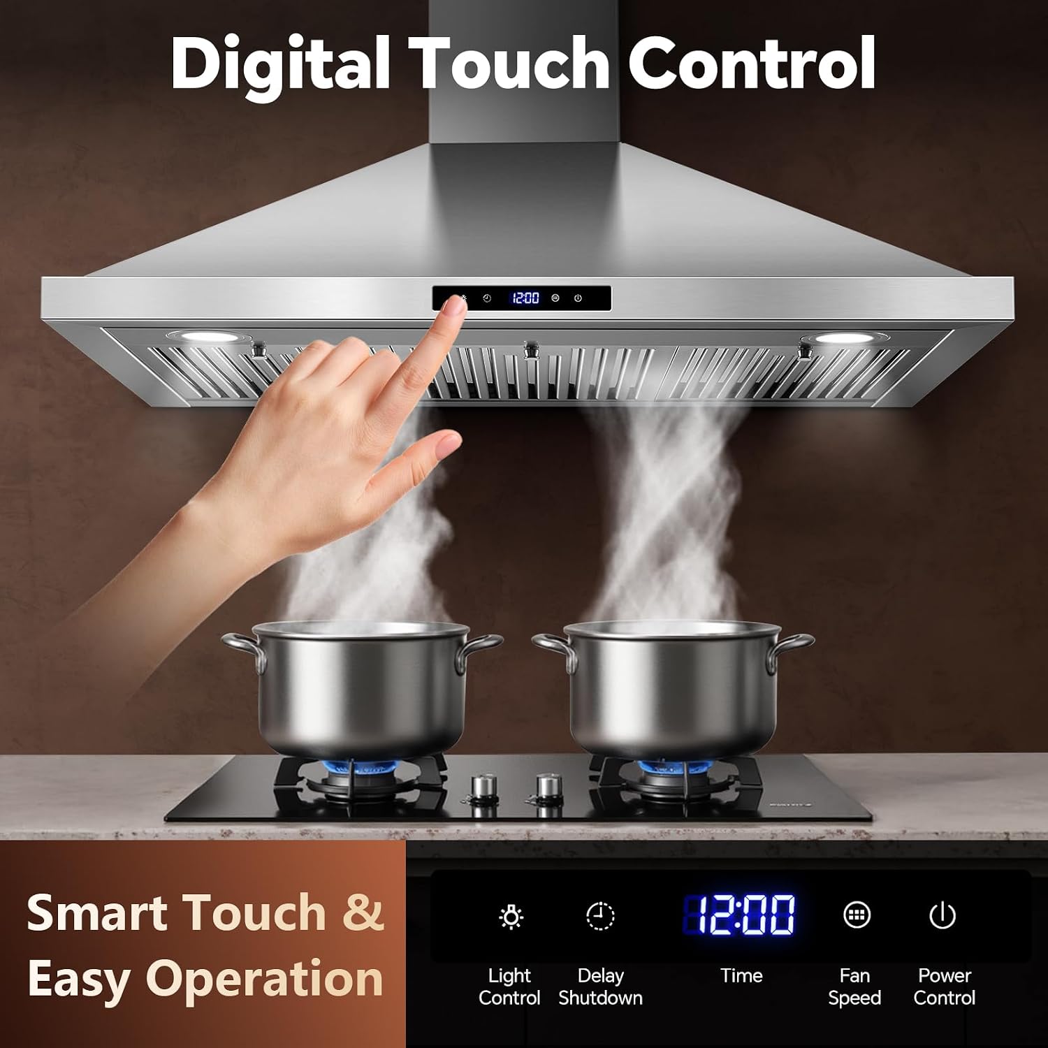 Tieasy Wall Mount Range Hood 30 inch Kitchen Hood 700 CFM with Ducted/Ductless Convertible Duct, Touch Control, Permanent Filters, Stainless Steel