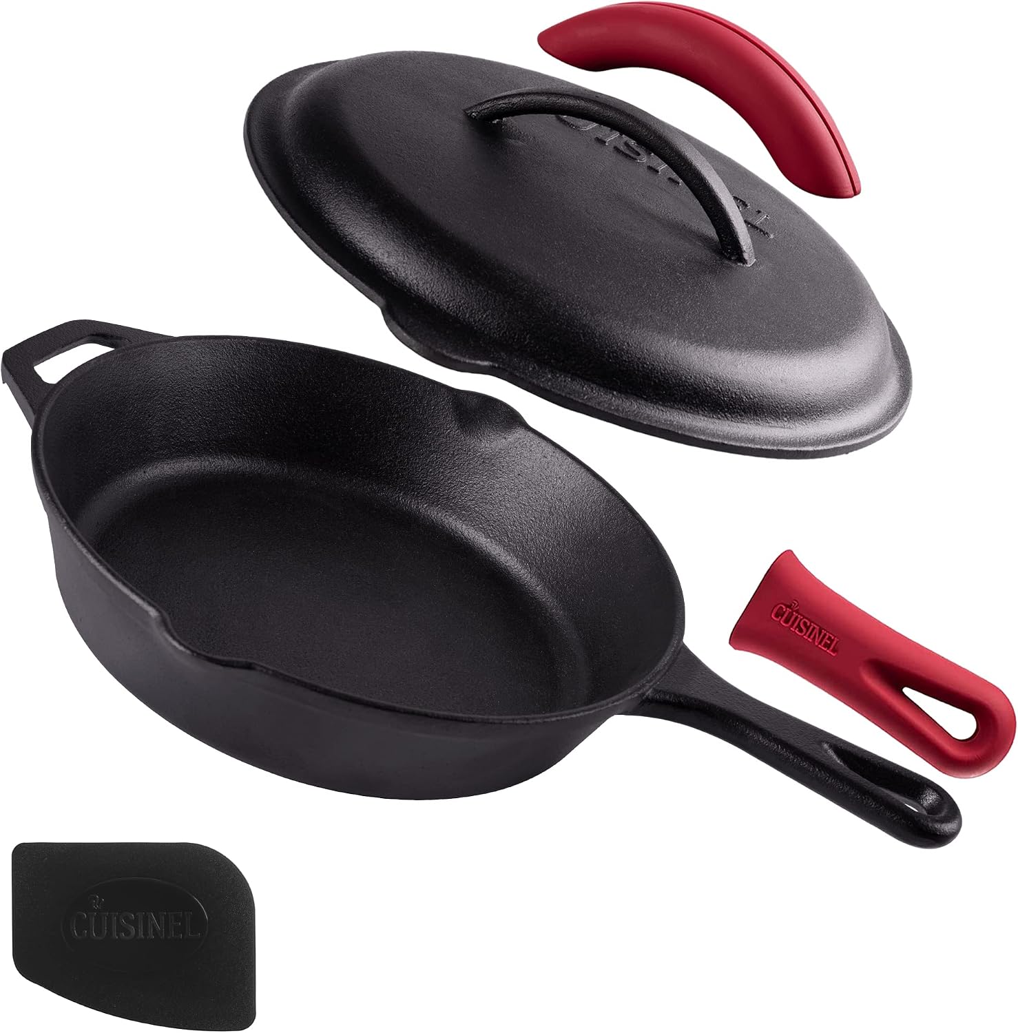 Cast Iron Skillet - 10"-Inch Frying Pan with Pour Spouts + Pan Scraper + Silicone Grip Handle Cover Holder - Pre-Seasoned Oven Cookware - Indoor/Outdoor Use - Stovetop, Induction. PFAS and PFOA-free