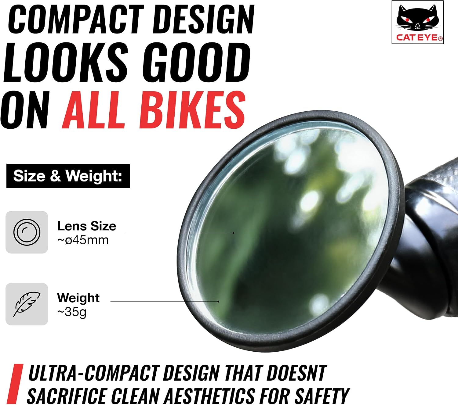 CATEYE BM-45 Bar End Mirror | Road, MTB and Gravel Bikes, Durable Aluminum with Scratch-Resistant Glass, Visibility and Safety for Cyclists