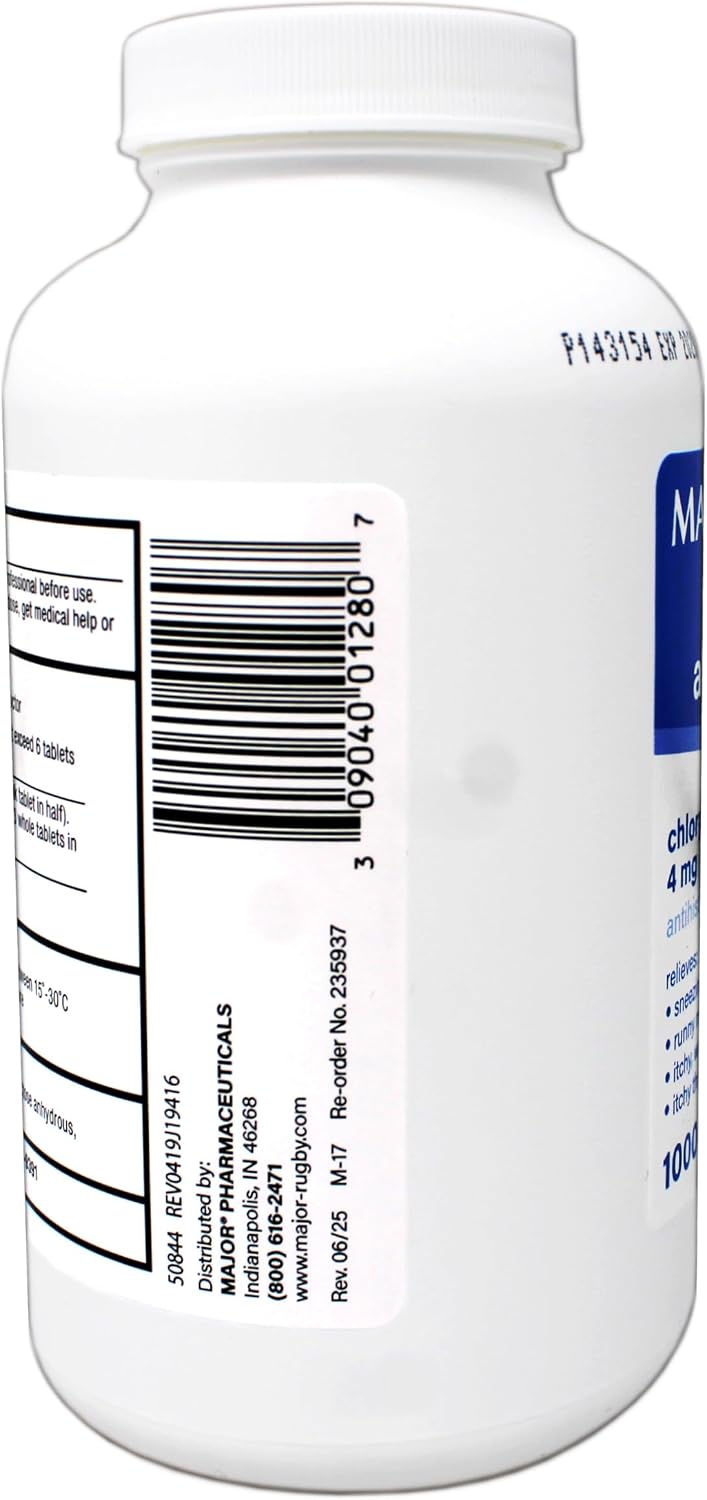 Major Allergy Tablets, Chlorpheniramine Maleate 4 mg, Antihistamine 4 Hour, 1000 Tablets