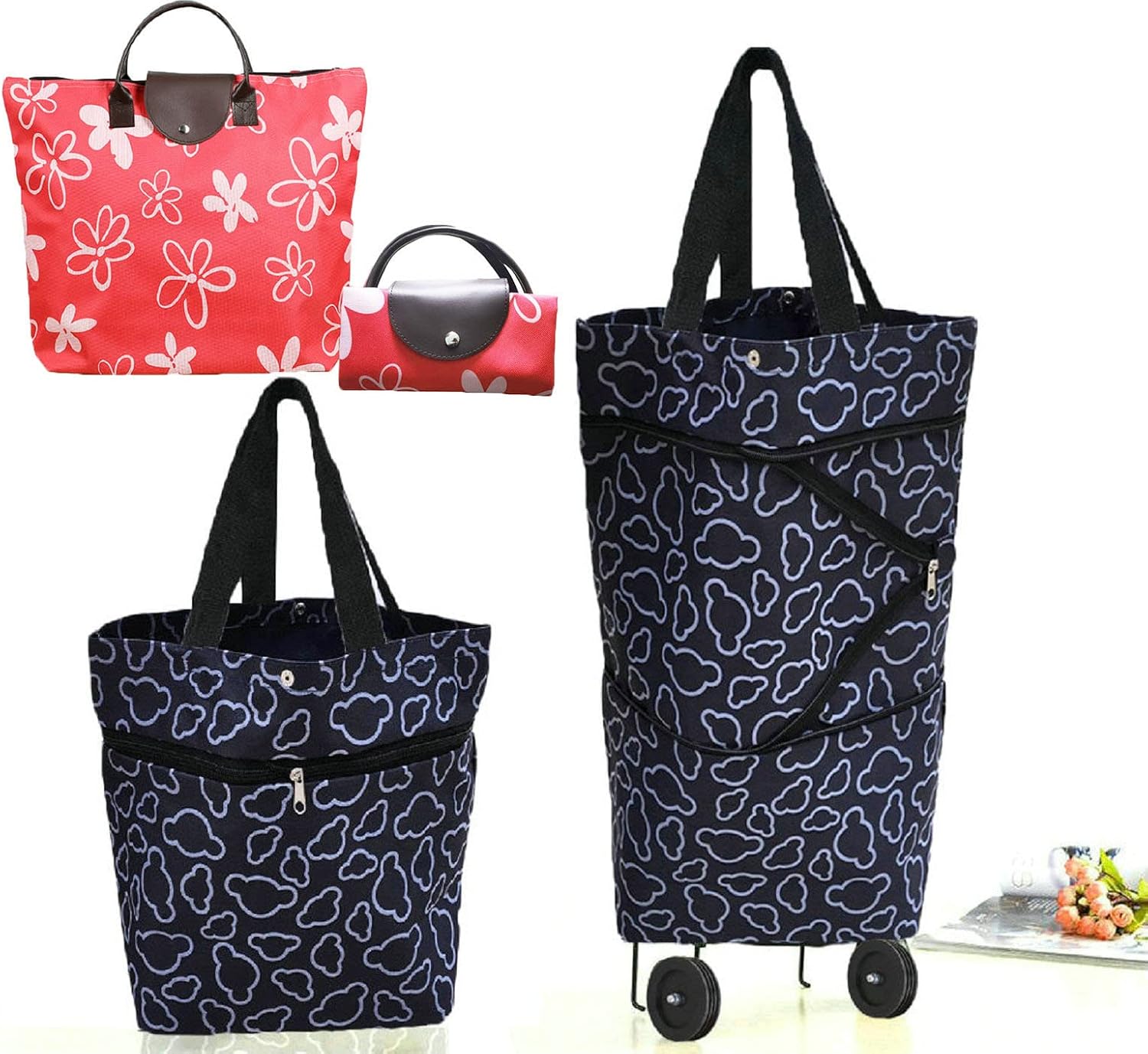 Collapsible Shopping Bag with Wheels Portable Shopping Cart with 360° Swivel Wheels Rolling Tote Bag Reusable Grocery Bag Trolley Bag on Wheels for Travel Shopping and Daily Use(Blue)