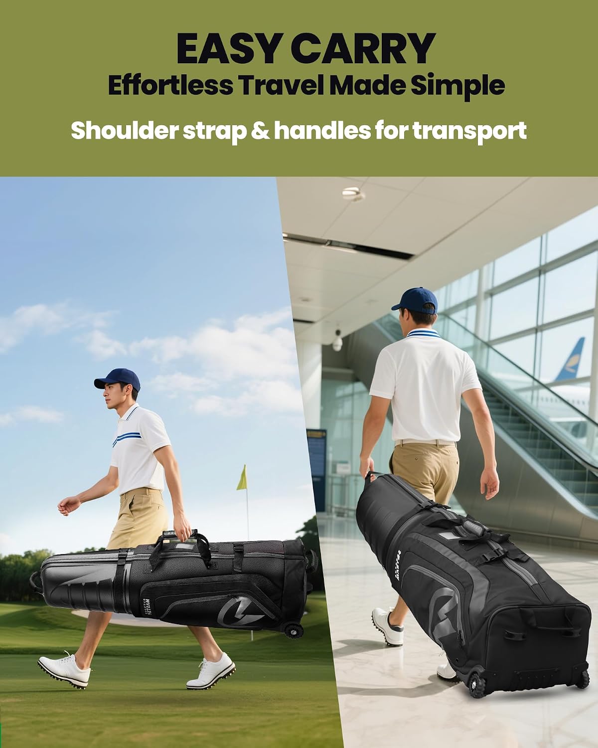 OutdoorMaster Golf Travel Bags for Airlines with Wheels and Hard Case Top | Protect Golf Clubs, 1680D Nylon Waterproof Fabric, Compact Folding, Accessories Compartment, Easy to Maneuver