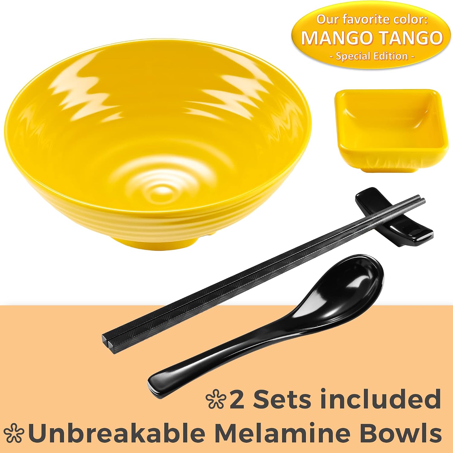 Unbreakable Ramen Bowl Set with Chopsticks and Spoon: 2 large Japanese Style Melamine Ramen Bowls