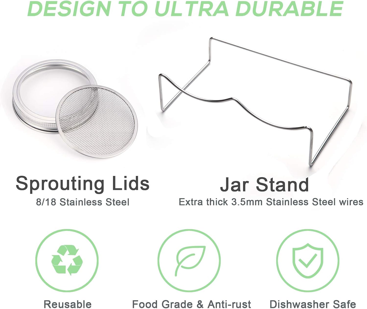 Sprouting Jar Kit-2 Wide Mouth Quart Mason Jars with 316 Stainless Steel Screen Sprout Lids, Drip Tray, Stand | Seed Sprouter Set for Growing Broccoli