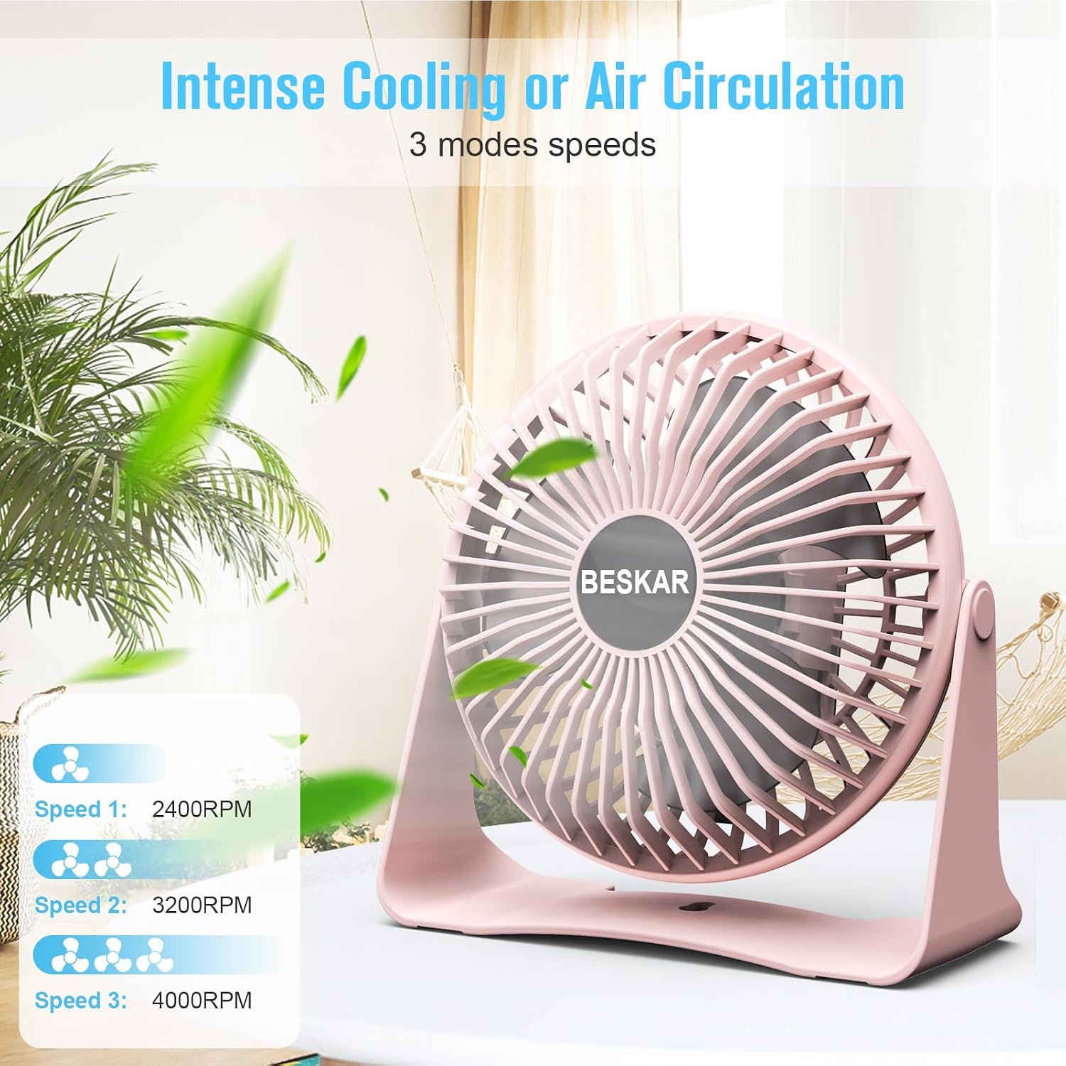 BESKAR USB Small Desk Fan, Portable Table Fans with 3 Speeds Strong Airflow