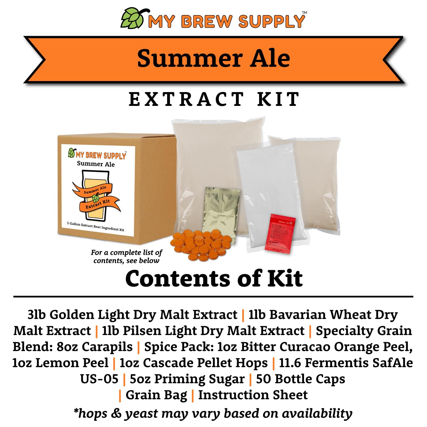 My Brew Supply Orange Wheat Beer Extract Kit | Bavarian Wheat Dry Malt Extract | Golden Light Dry Malt Extract | Caramel Malt | Flaked Wheat Grains