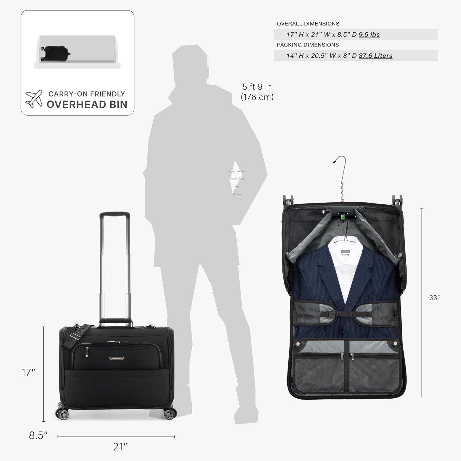 Traveler's Choice Carry-On Softside 8-Wheeled Spinner Garment Bag Luggage, Black, 21-Inch
