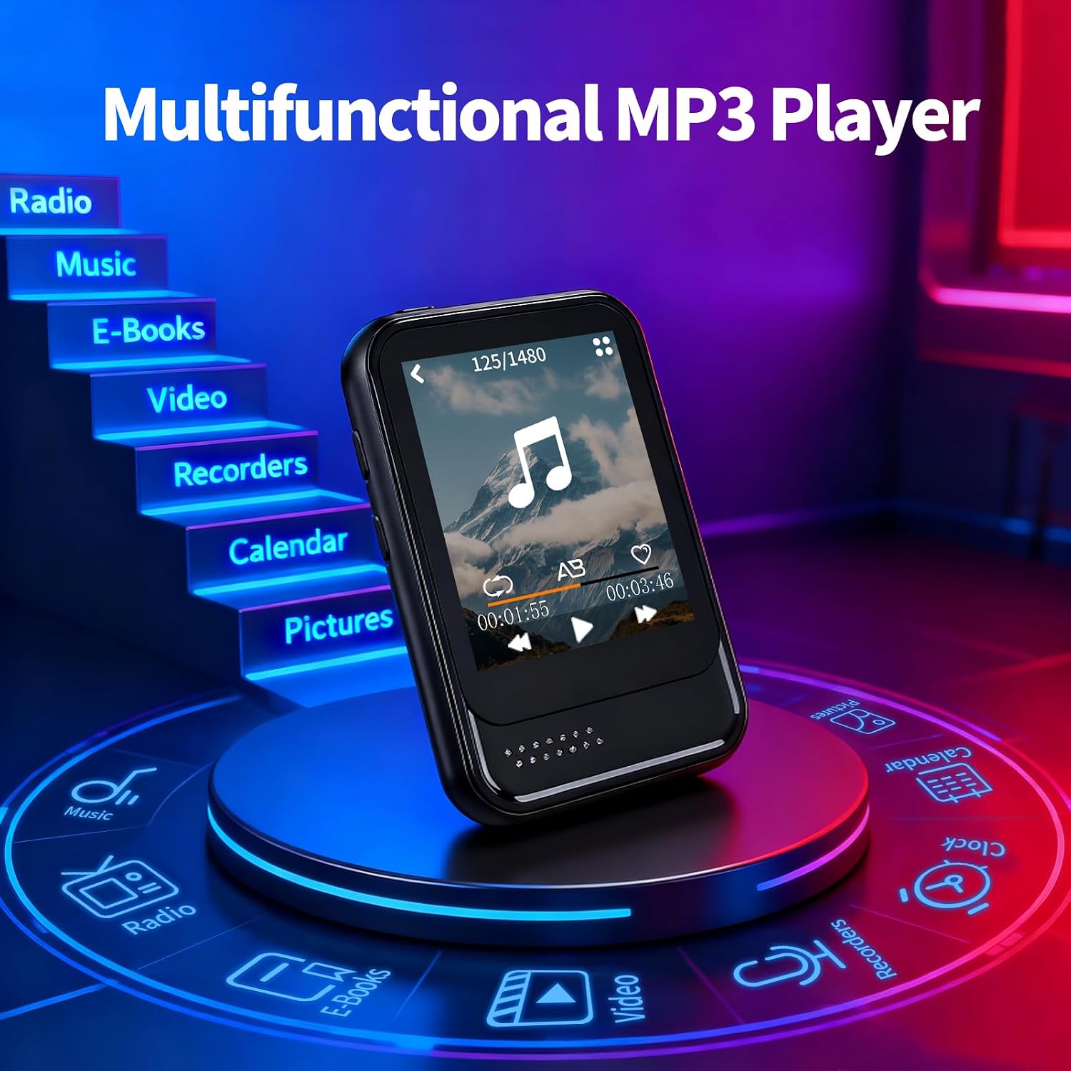 MP3 Player with Bluetooth, Mini MP3 Player with Speaker, Built-in Micro SD Card Slot, Portable Music Player with FM Radio, Video, Voice Recorder