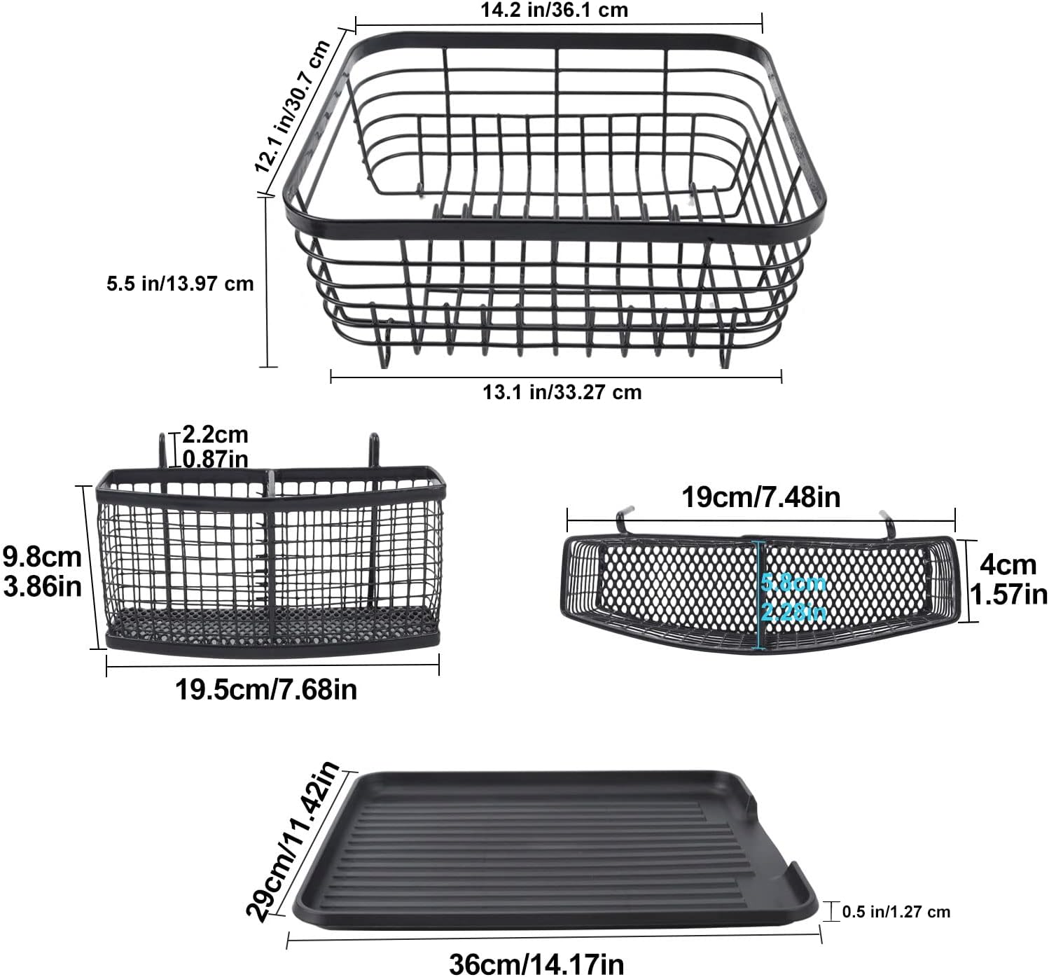 TQVAI Kitchen Dish Drainer Rack with Drying Board and Full-Mesh Silverware Utensils Holder, Black