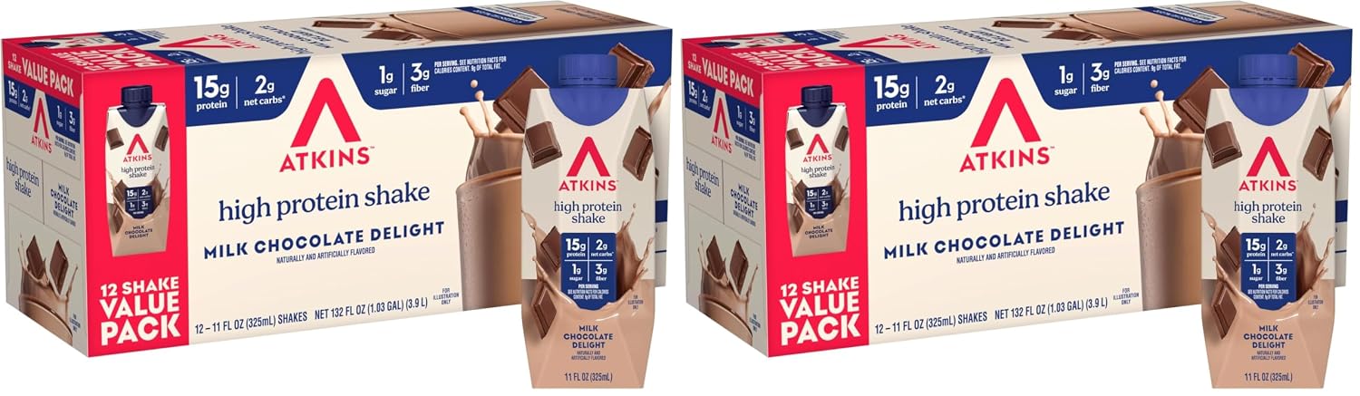 Atkins Milk Chocolate Delight High Protein Shake, 15g Protein, 12 Count | 15g Protein, 3g Fiber, 2g Net Carb, 1g Sugar, Chocolate Flavored, Keto Friendly, Ready to Drink, 12 Count