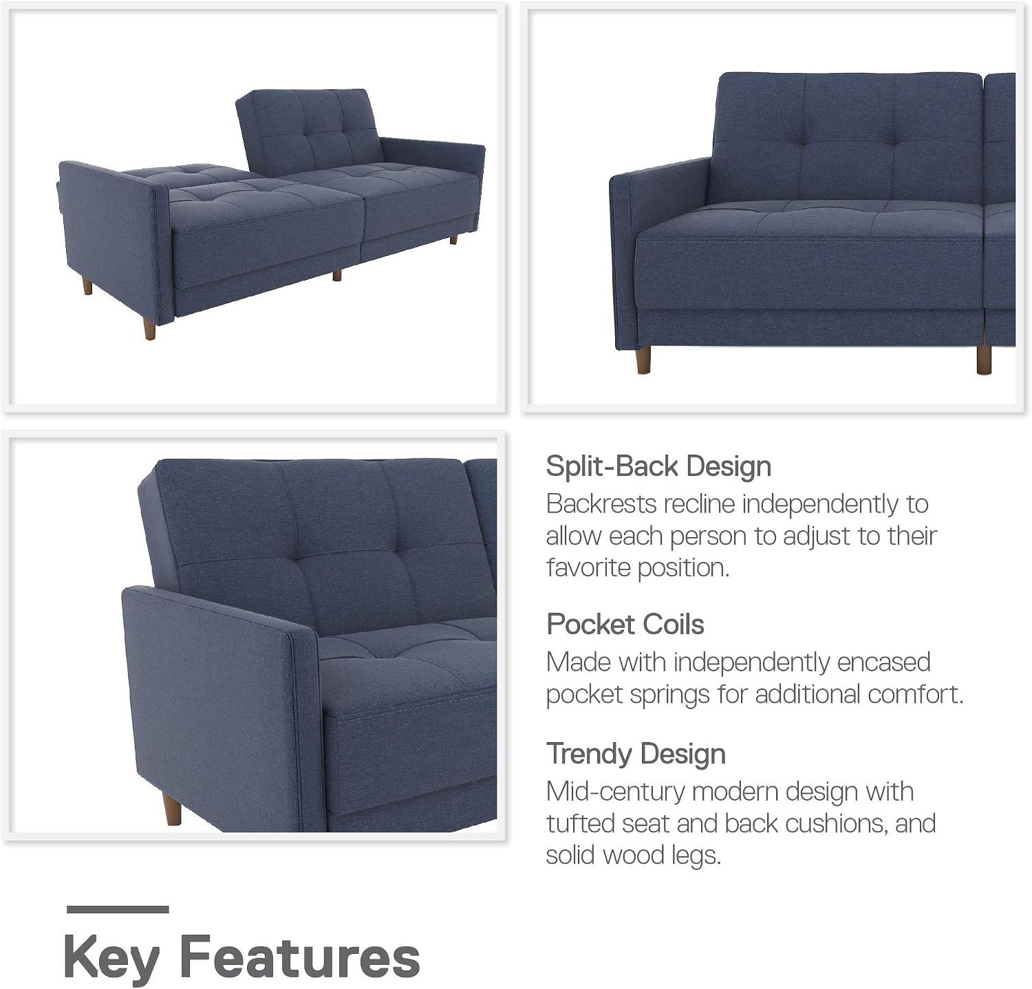 DHP Andora 76 Inch Futon Sofa Bed, Modern Upholstered Couch Sleeper with Button Tufted Back and Seat, Navy