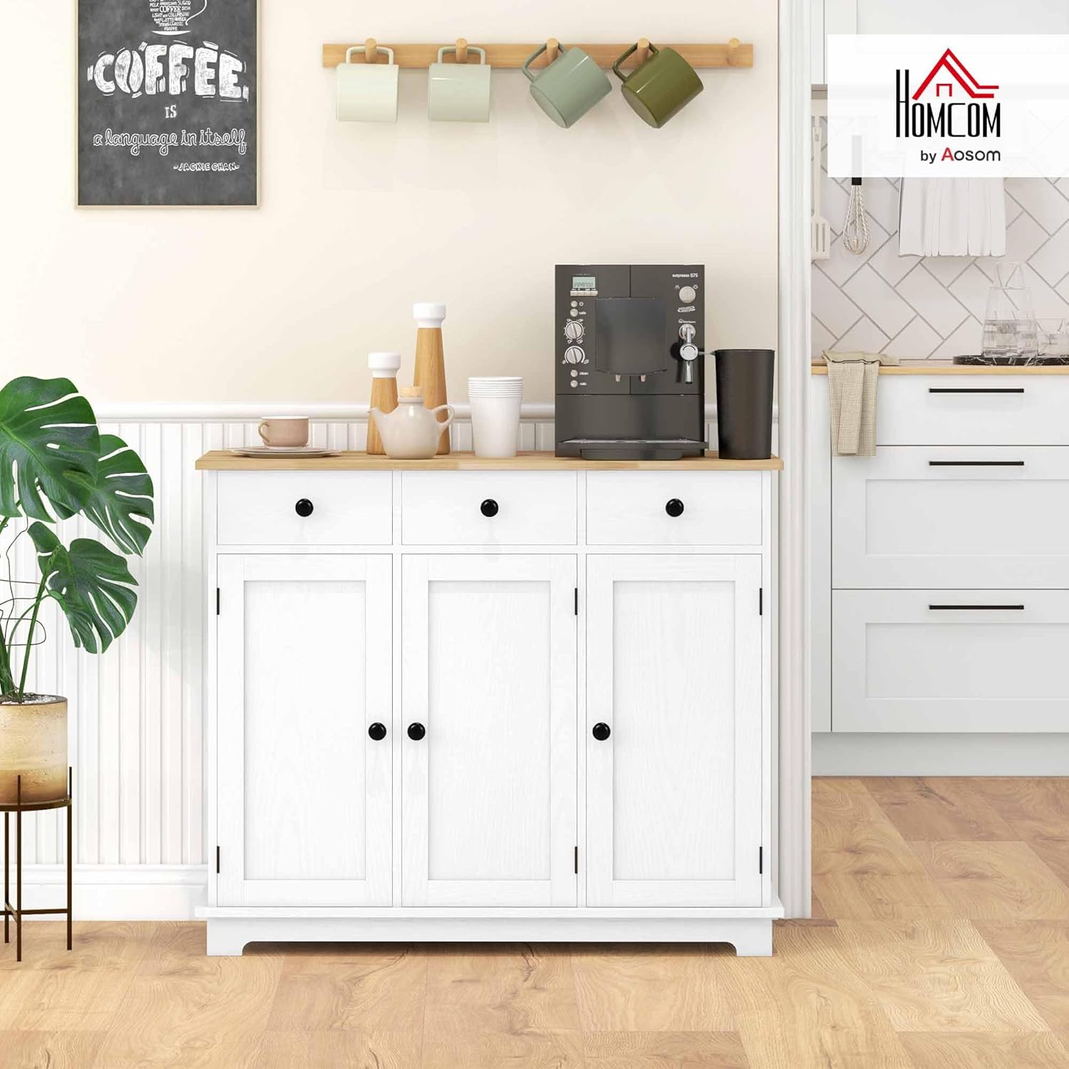 HOMCOM Sideboard Buffet Cabinet Solid Wood Countertop White